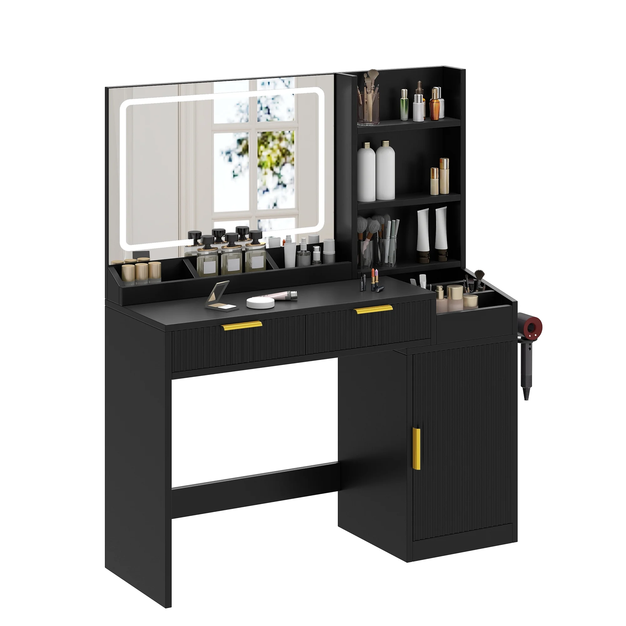Craftian White Makeup Vanity Desk with Large Mirror and Lights, Dressing Table with 2 Storage Drawers & Power Outlets