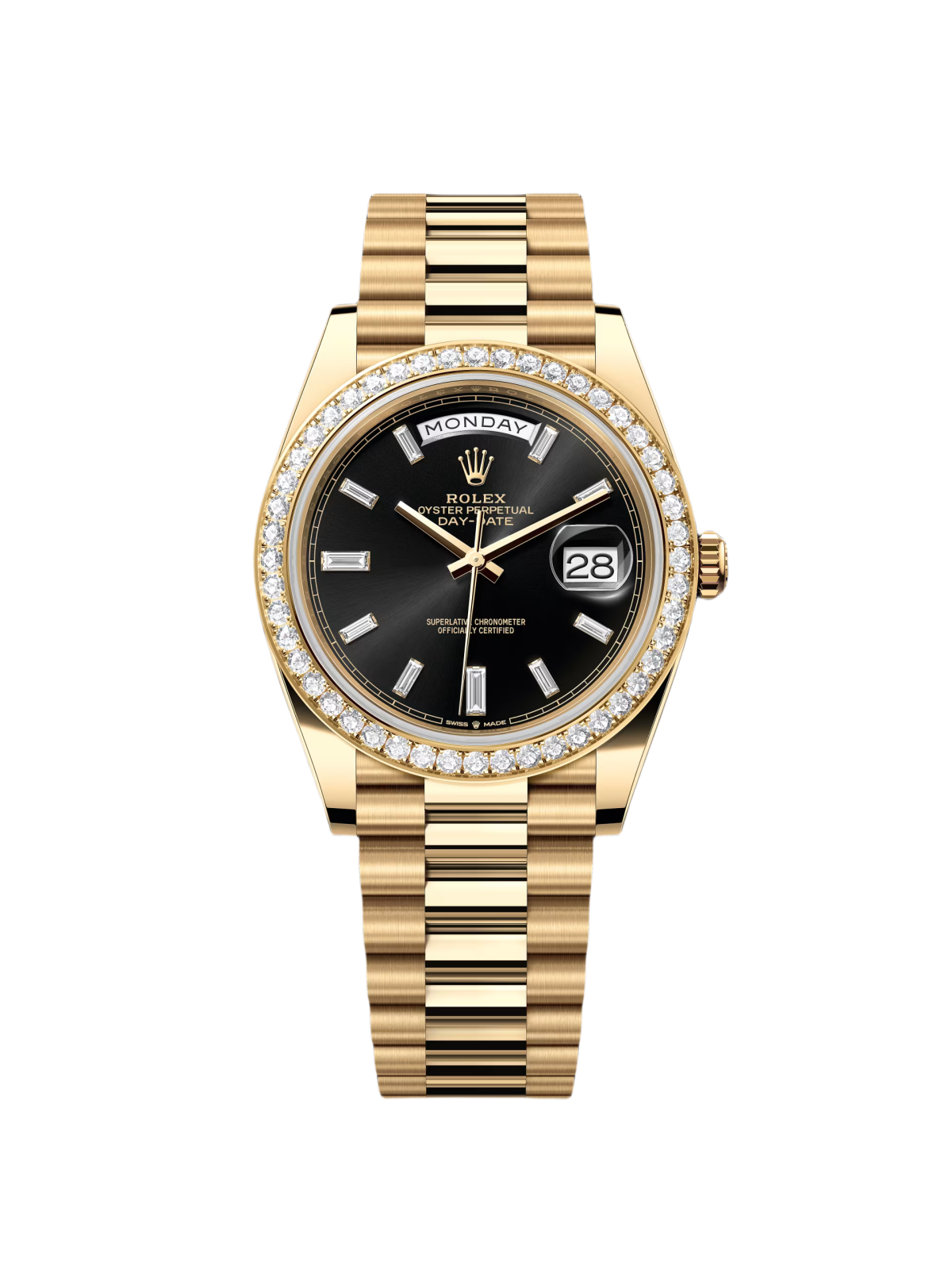 【Super Clone】RLX Day-Date 40mm Black Diamond Dial and Diamond Bezel Yellow Gold President Bracelet  228348RBR-0001