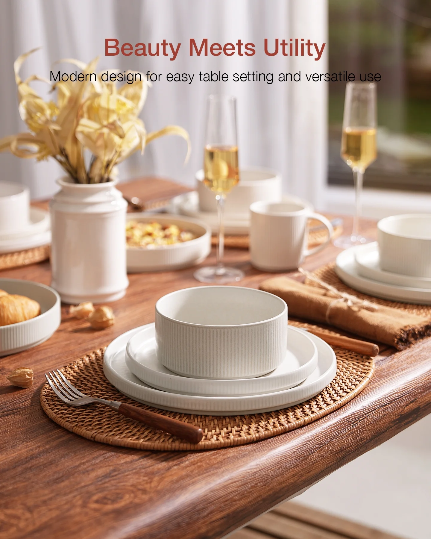 Famiware Star Stoneware Dinnerware Sets, Plates and Bowls Set for 4, 12 Piece Dish Set, Cappuccino White