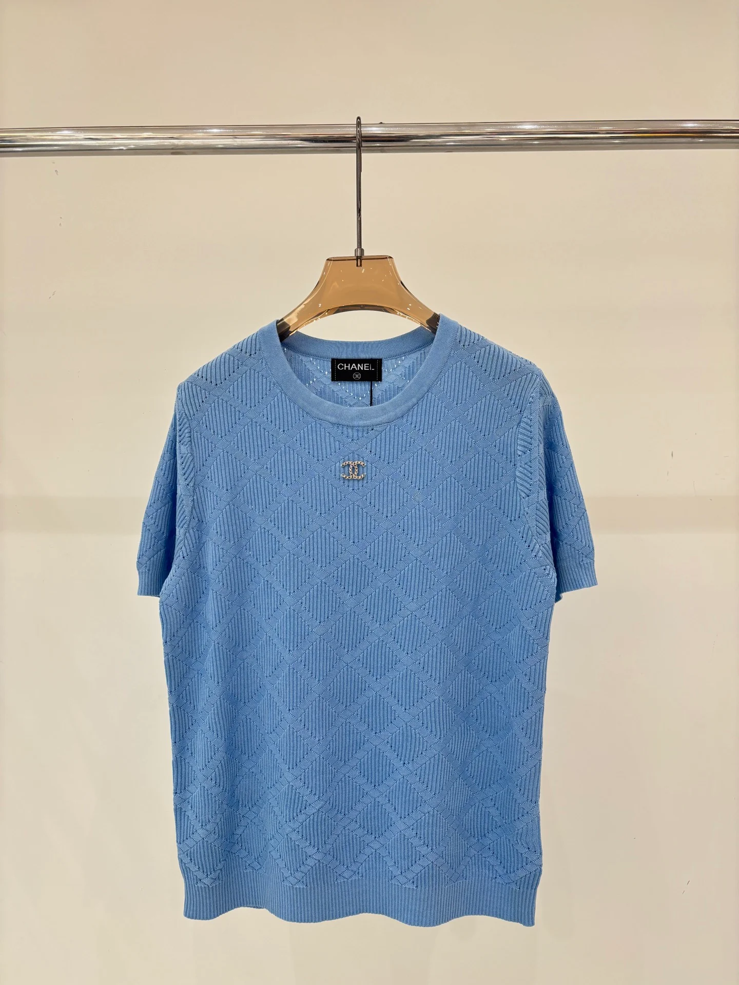 26NEW Crew Neck Hollow-Out Pattern Knit Short Sleeve