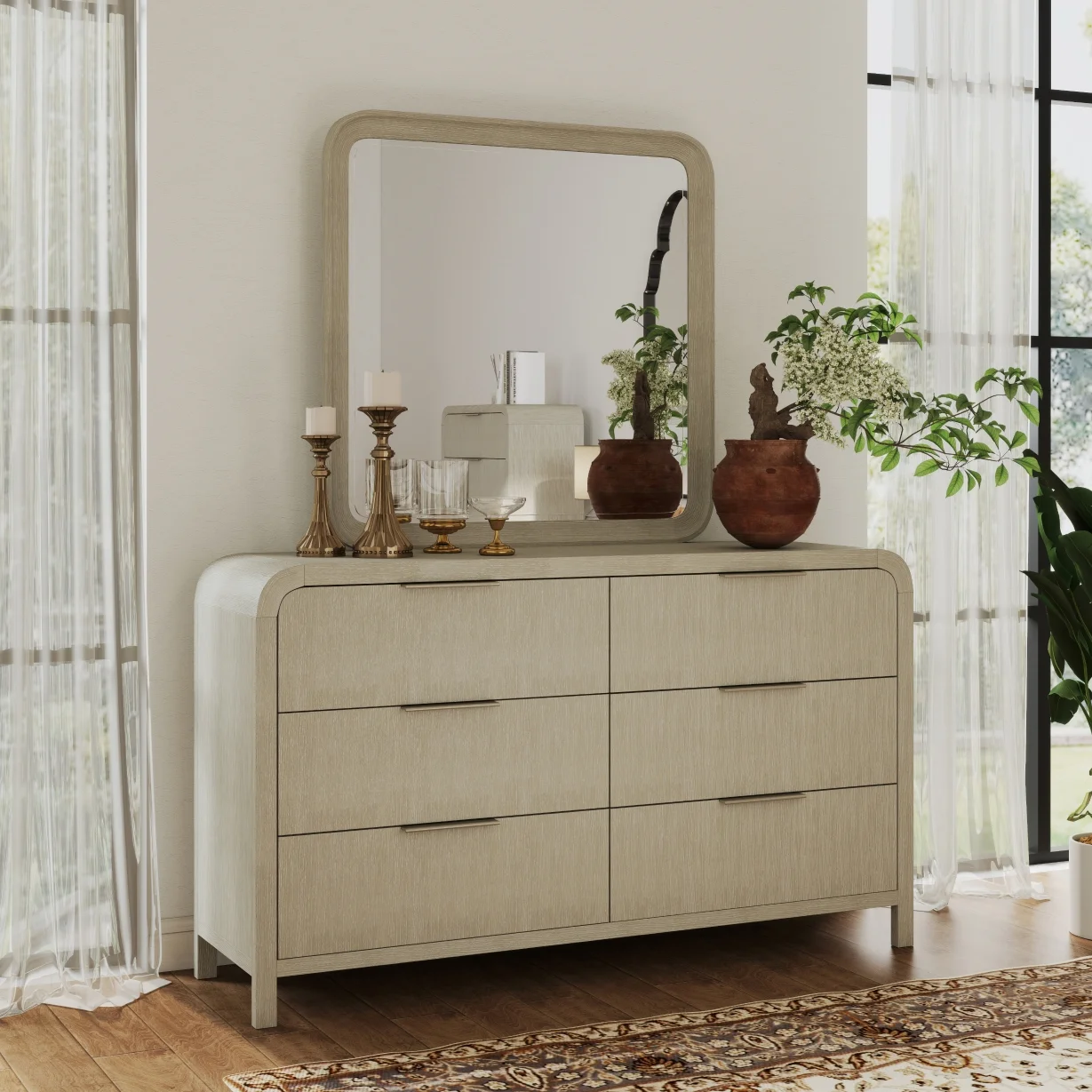 Roundhill Furniture Tavari 6-Piece Bedroom Set with Panel Bed, Dresser, Mirror, Two Nightstands, and Chest in Light Gray, King Size