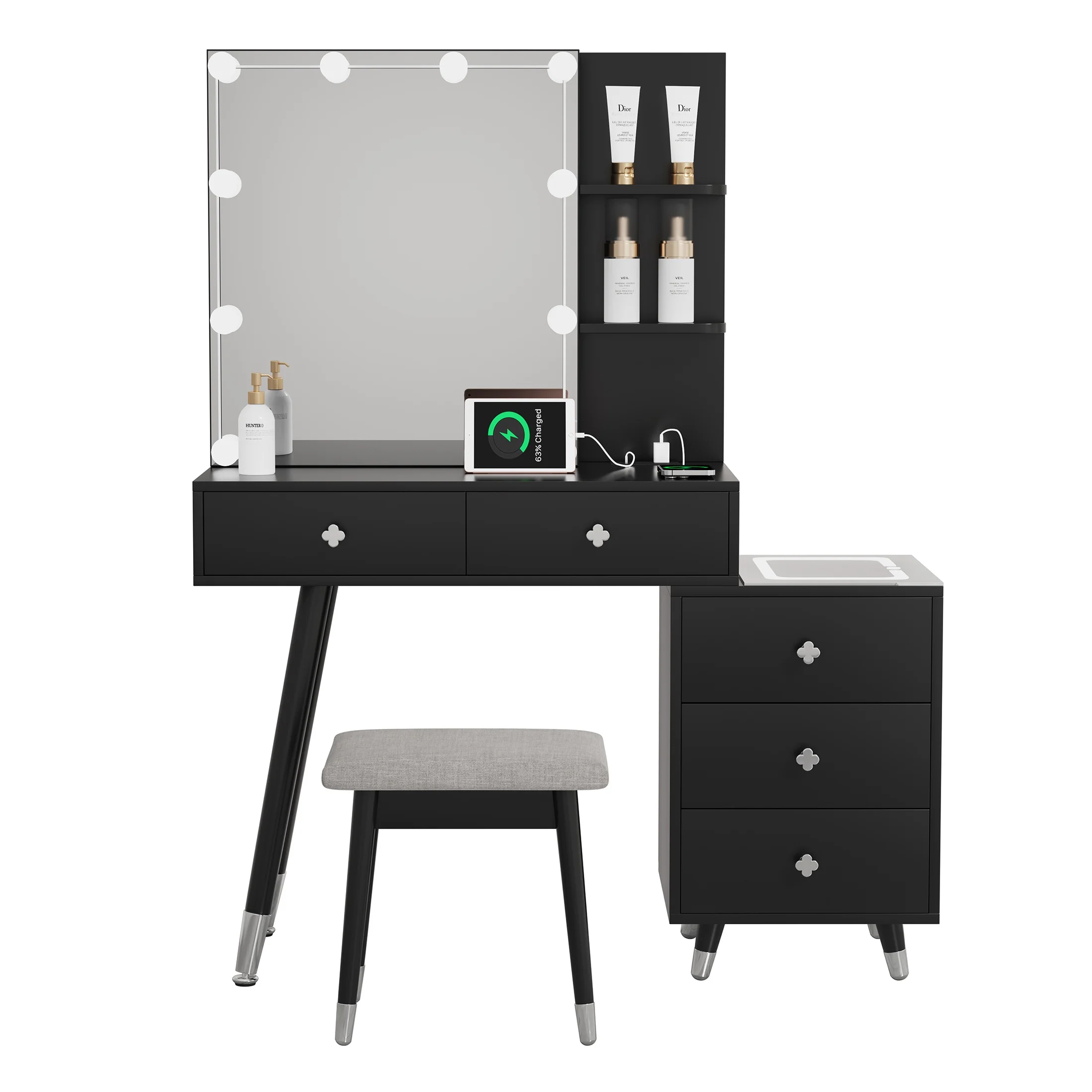 Vanity Set with Stool, Black Vanity Desk with Mirror, 5 Drawers and 2-Layer Shelves, LED Three-Tone Lighting, Particle Board With Triamine Coating, Solid Wood Legs With Copper Sheath Decoration
