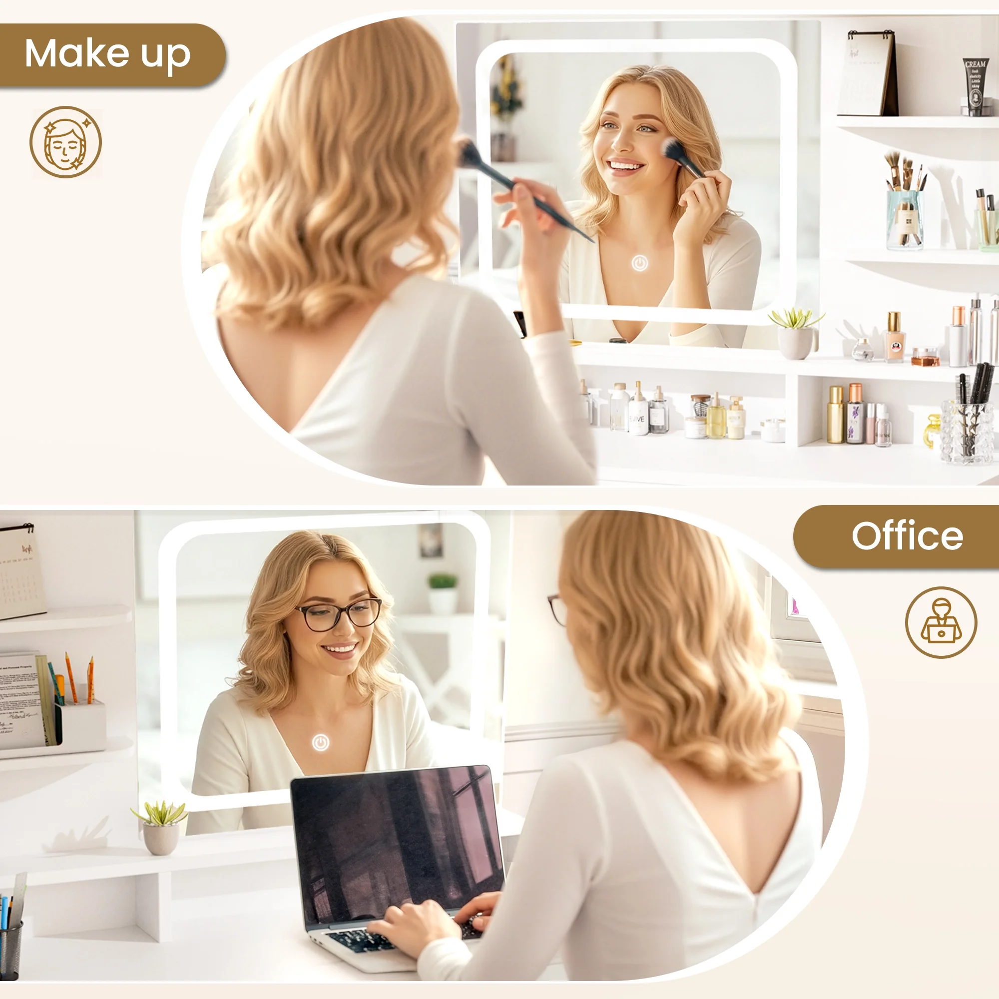 LIVELYGLOW Vanity Desk with Mirror and Lights, Makeup Vanity with Drawer & Storage Shelves, Cabinet, 3 Lighting Modes Adjustable Brightness,White