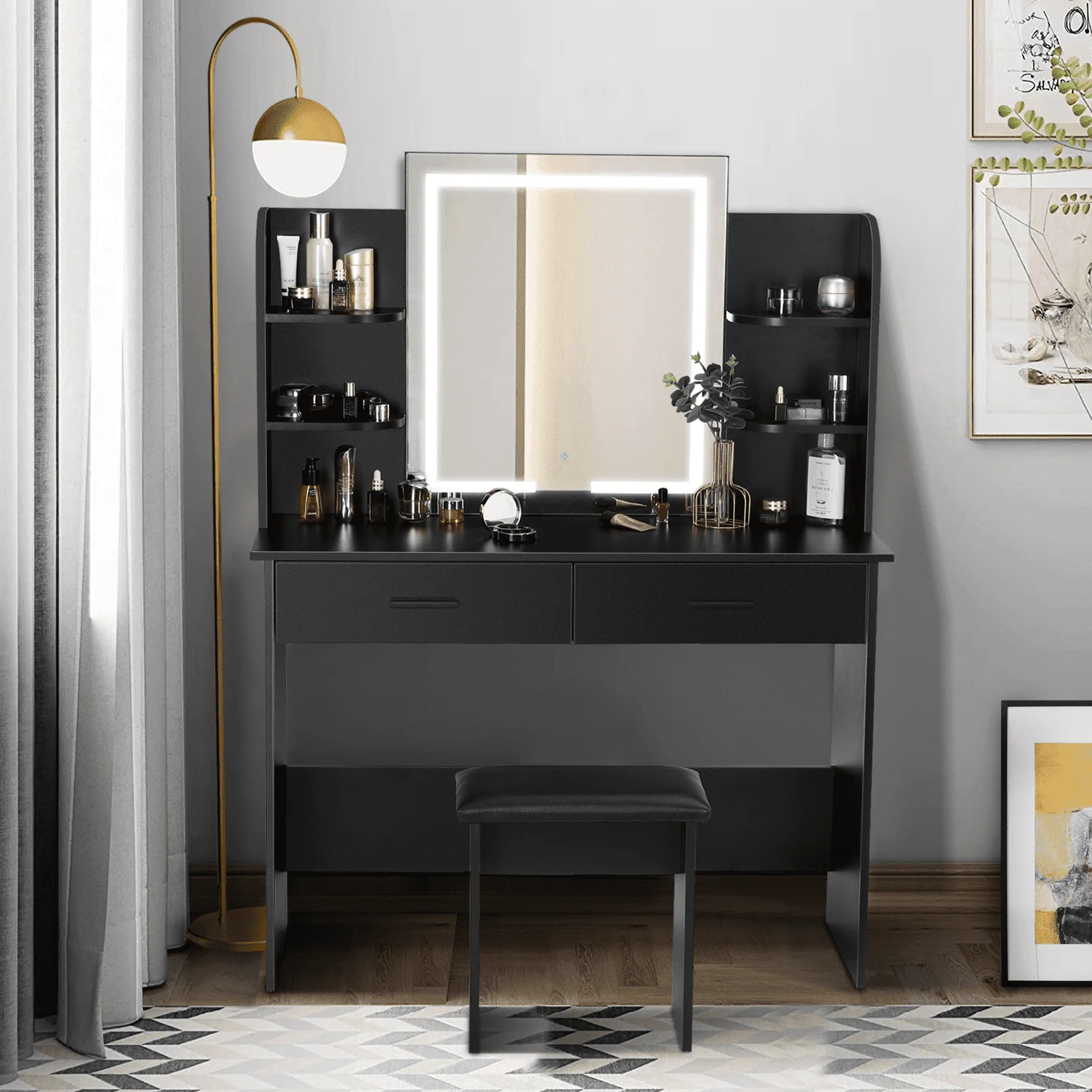 RichYa Modern Makeup Vanity Set with Lights Mirror and Drawers,White Makeup Desk,Dressing Table