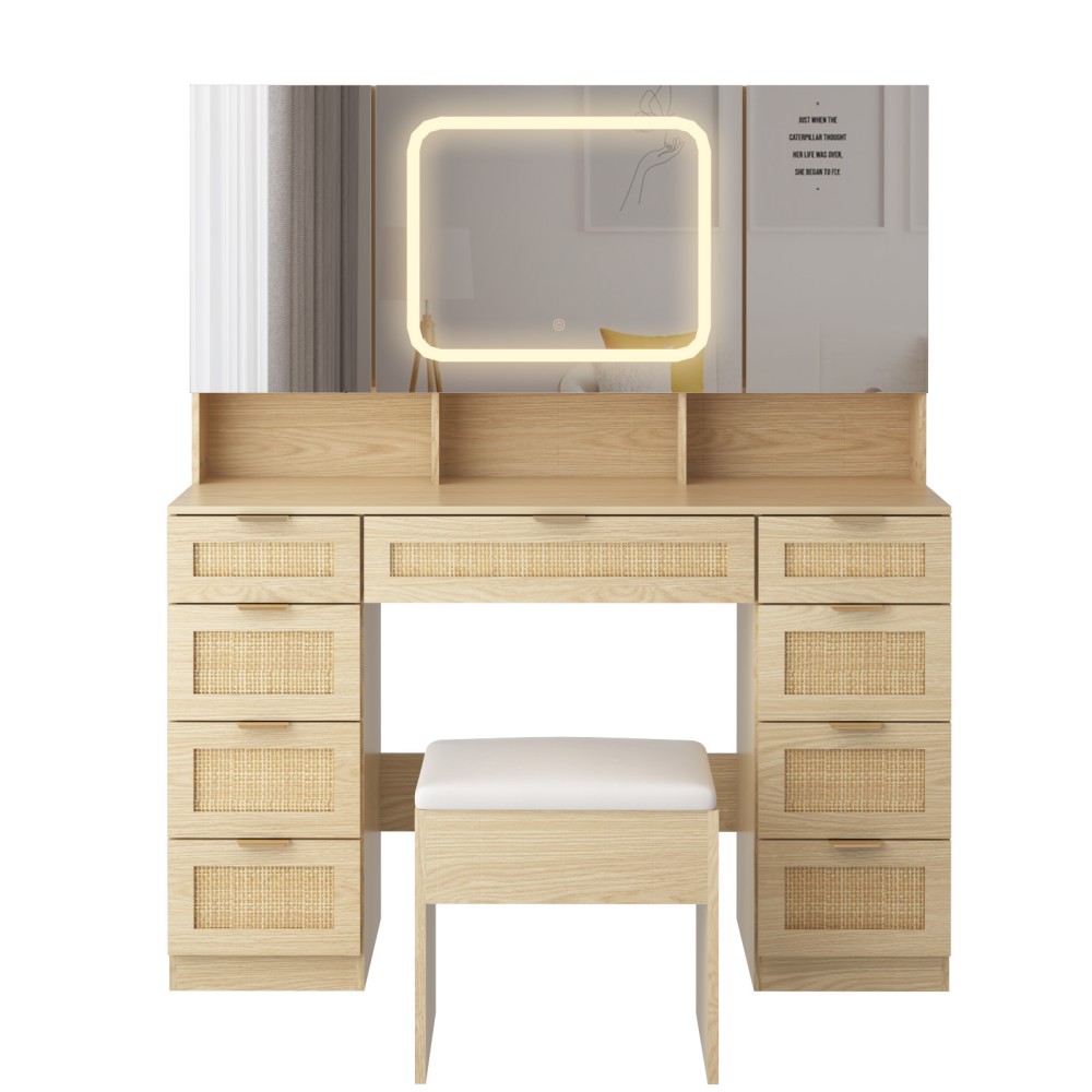 IVV Vanity Desk Set with Large LED Lighted Mirror & Power Outlet, Makeup Dressing Table with 9 Drawers and 3 Cabinets in Mirrored Doors, 47