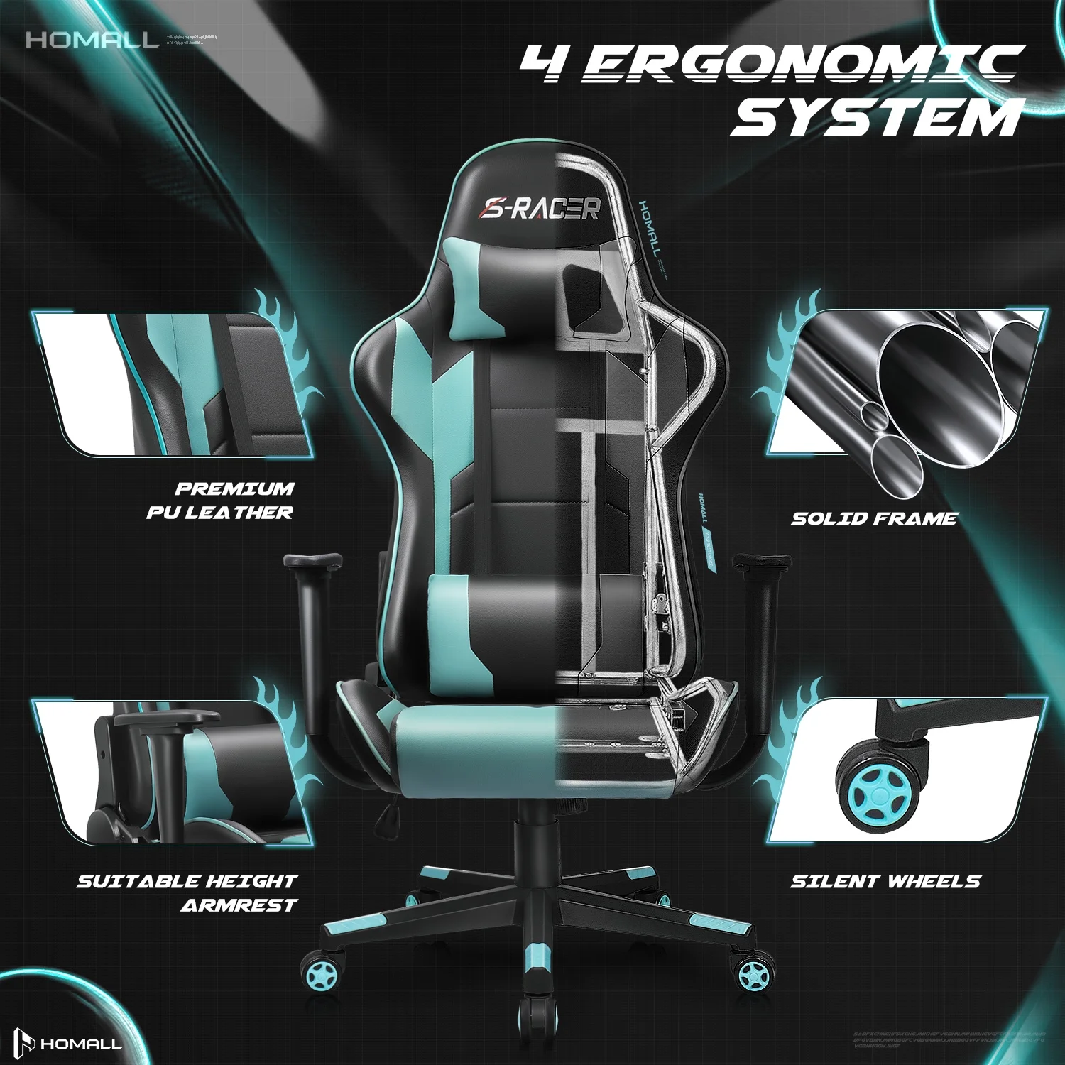 Homall Gaming Chair Office Chair High Back Computer Chair Leather Desk Chair Racing Executive Ergonomic Adjustable Swivel Task Chair with Headrest and Lumbar Support, Purple