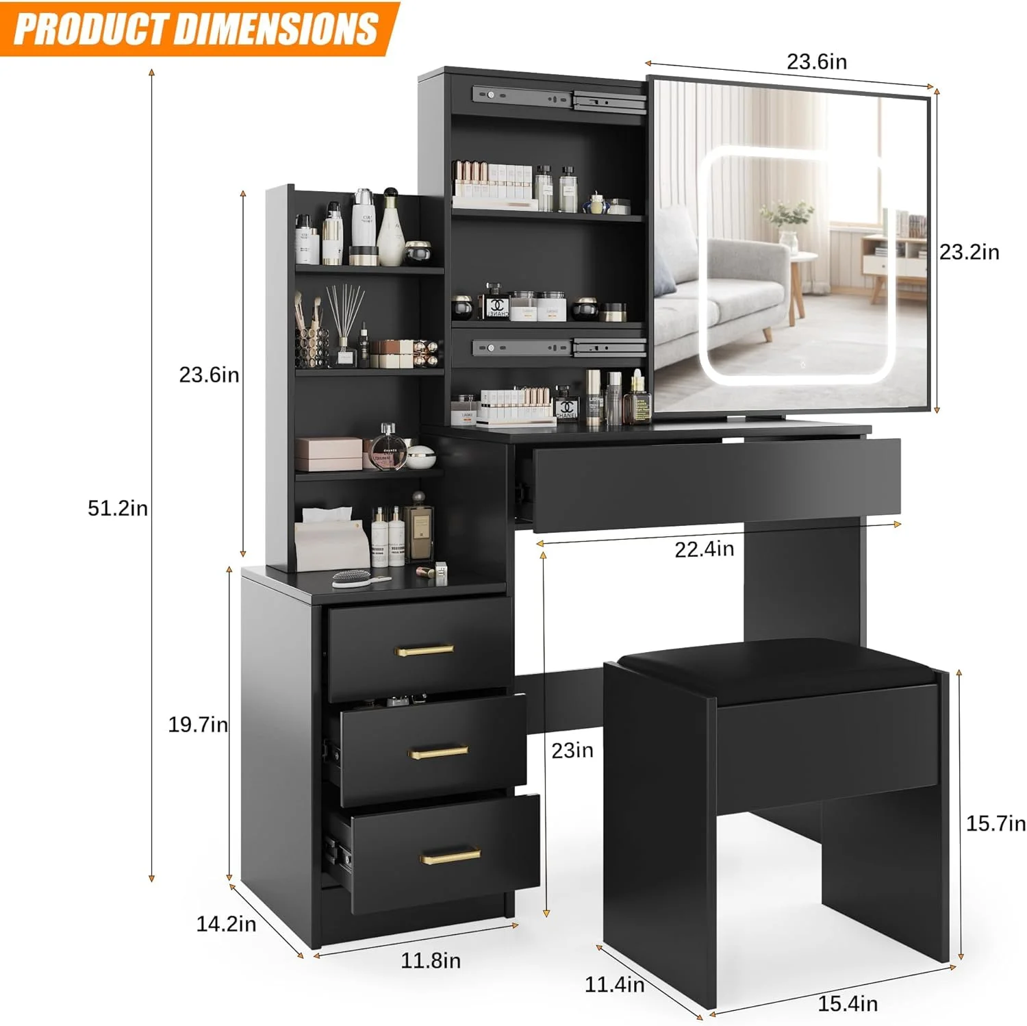 Vanity Desk with Sliding Mirror and Lights, Makeup Vanity Set with Power Outlet, 4 Drawers, Stool, Open Shelves, 3 Color Lighting Modes, Brightness Adjustable, Makeup Dressing Table for Bedroom