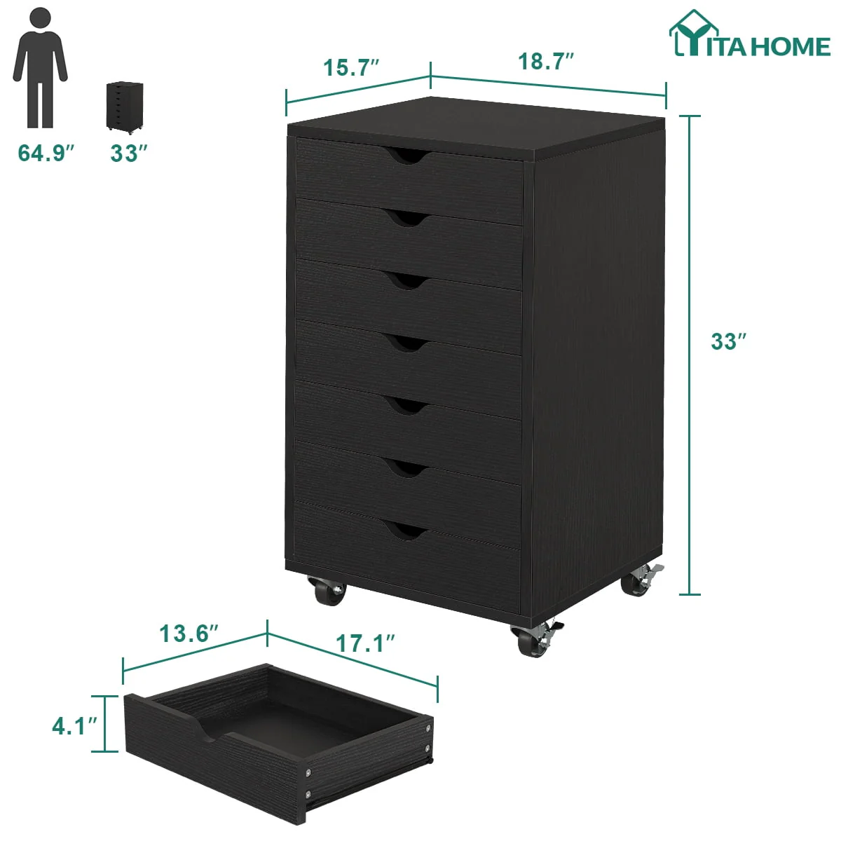 Dextrus 7-Drawer File Cabinets Office Wooden File Cabinet Chest Mobile Organizer Storage Rolling Storage Drawer Cabinet, Black