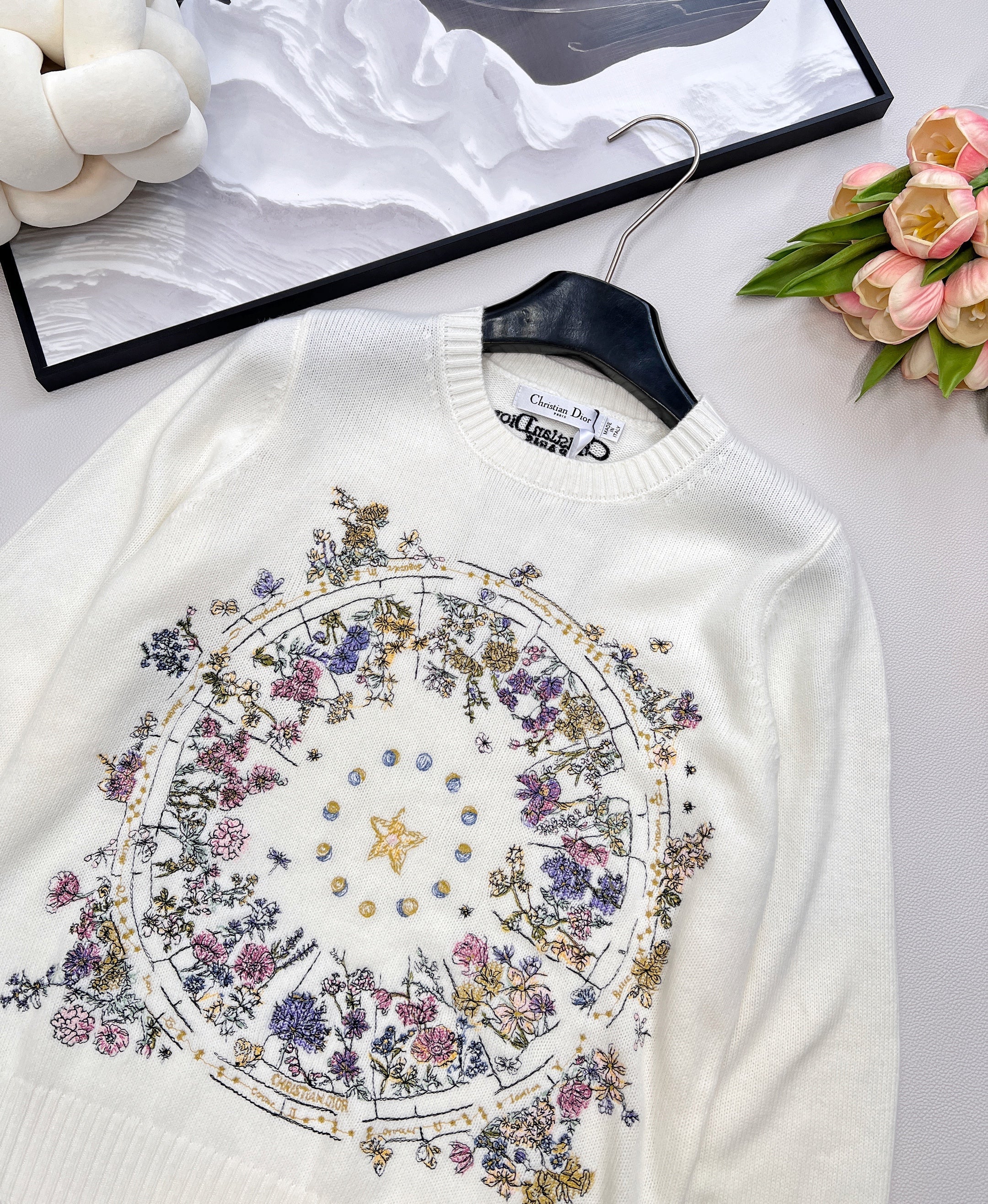 Wool sweater with gold floral and star embroidery
