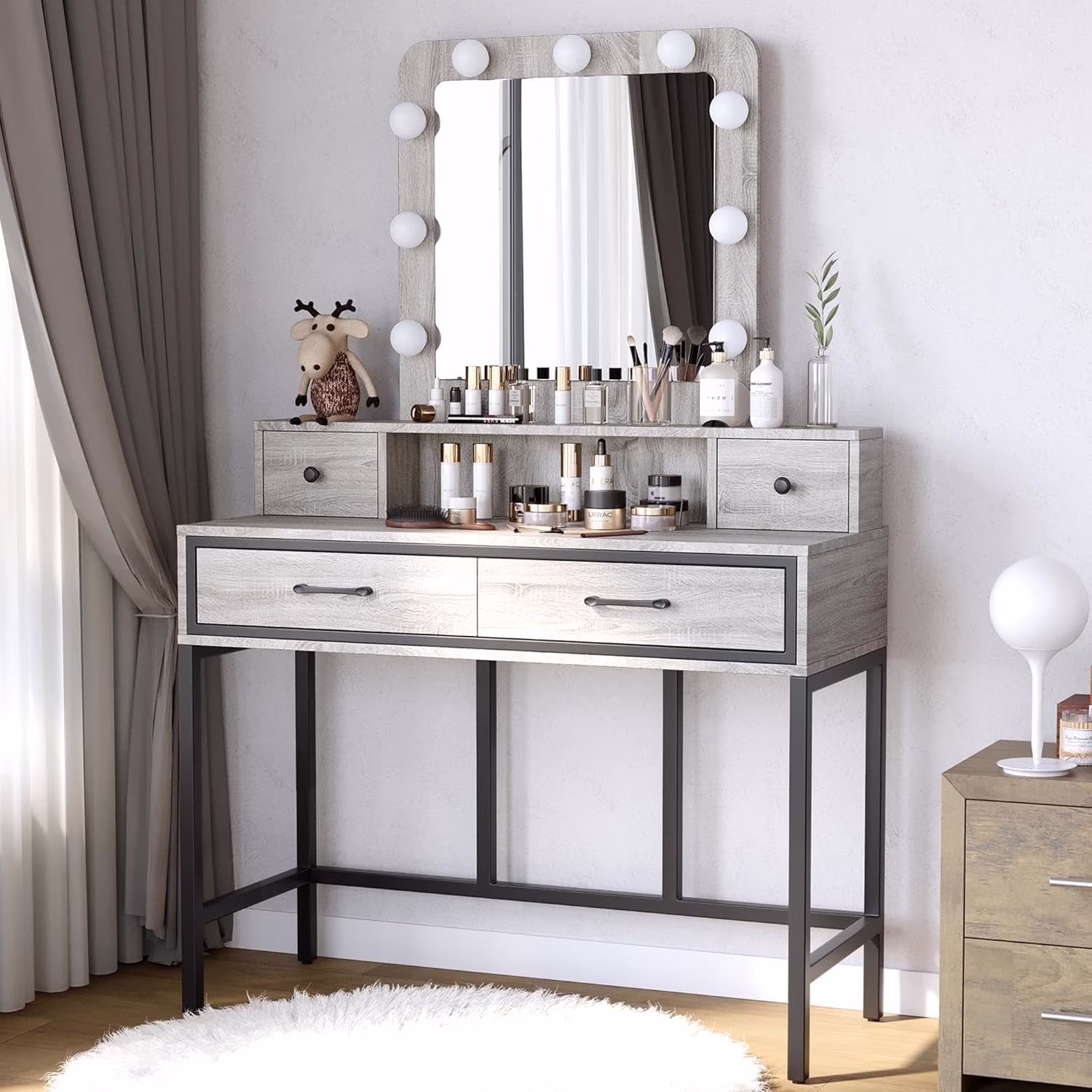 Heynemo Makeup Vanity with 3 Color Dimmable Lighted Hollywood Mirror, Vanity Table with 4 Drawers for Women Girls, Dressing Desk for Bedroom, Beauty Room, Brown