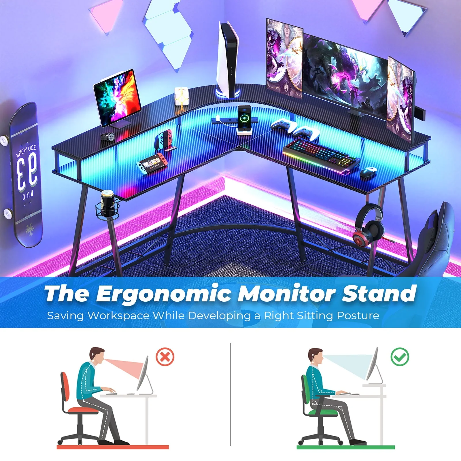 Huuger L Shaped Gaming Desk with LED Lights & Power Outlets, Computer Desk with Monitor Shelves, Home Office Desk Corner Desk with Cup Holder & Hook, Carbon Fiber Black