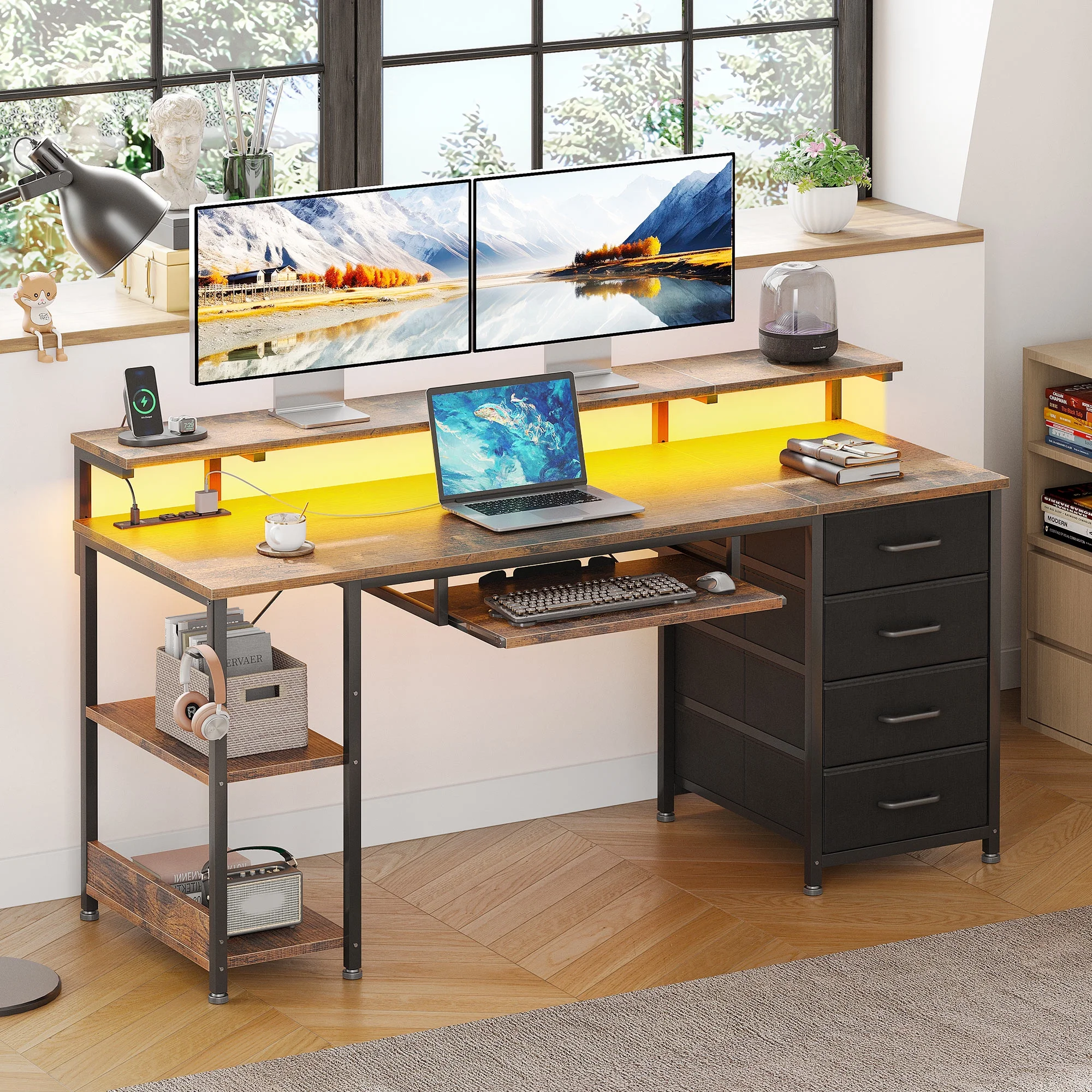 55 inch Office Desk with Power Outlet and Adjustable Monitor Stand, Computer Desk with Fabric Drawer and Keyboard Tray, Gaming Desk with LED Light & PC Stand, Vintage