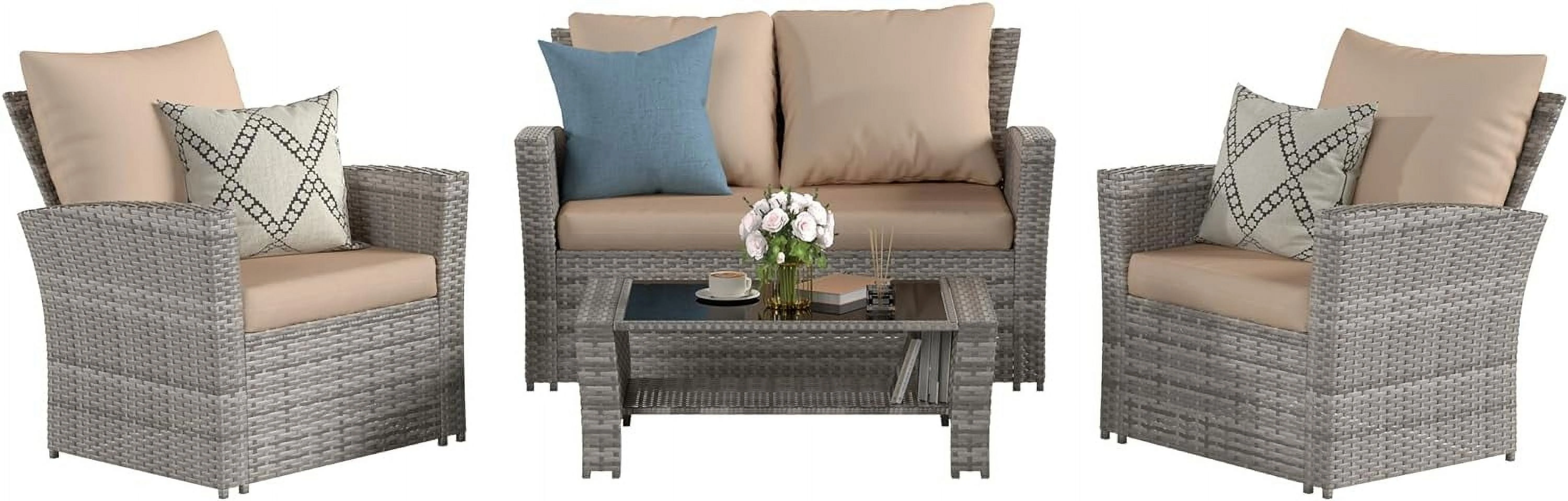 Poteban Wicker Patio Furniture Set, 4 Piece Outdoor Sectional Conversation Sets, Gray PE Rattan Patio Sofa Set for Balcony, Porch, Backyard, Grey