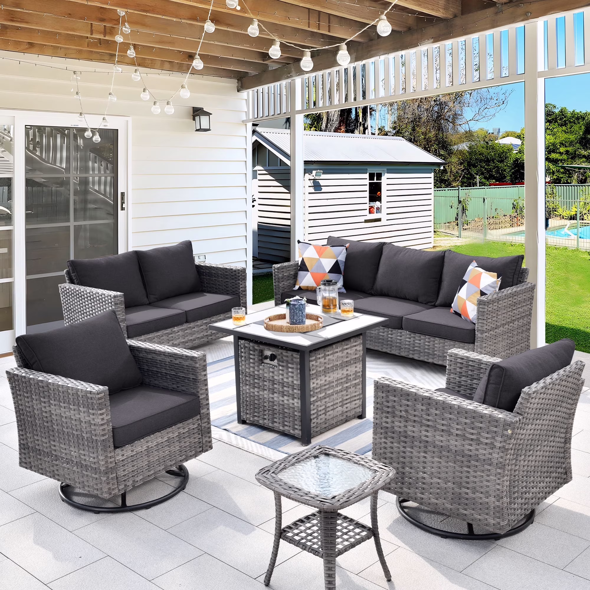 Ovios 6 Pieces Outdoor Patio Furniture Set with Gas Propane Fire Pit Table Wicker Outdoor Conversation Set with Swivel Rocking Chair for Backyard, Cushion Beige