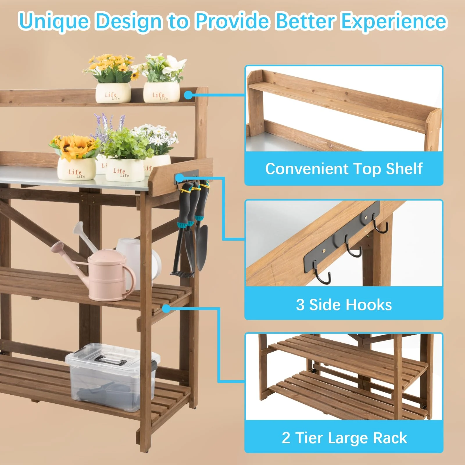 PETSCOSSET Outdoor Wooden Folding Potting Bench Table, Fir Wood Garden Workstation with Galvanized Tabletop, 2 Tier Storage Shelves, Brown