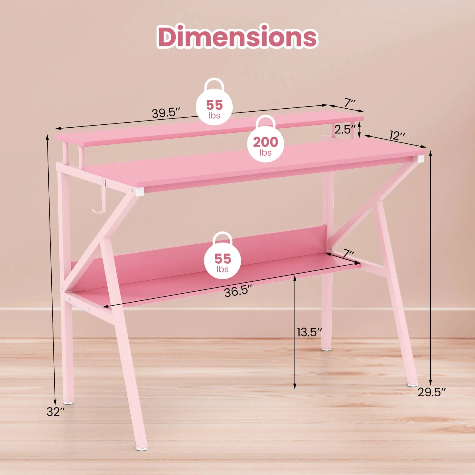 Costway Home Office Desk with Monitor Stand, Open Shelf & Metal Frame, Earphone Hook White