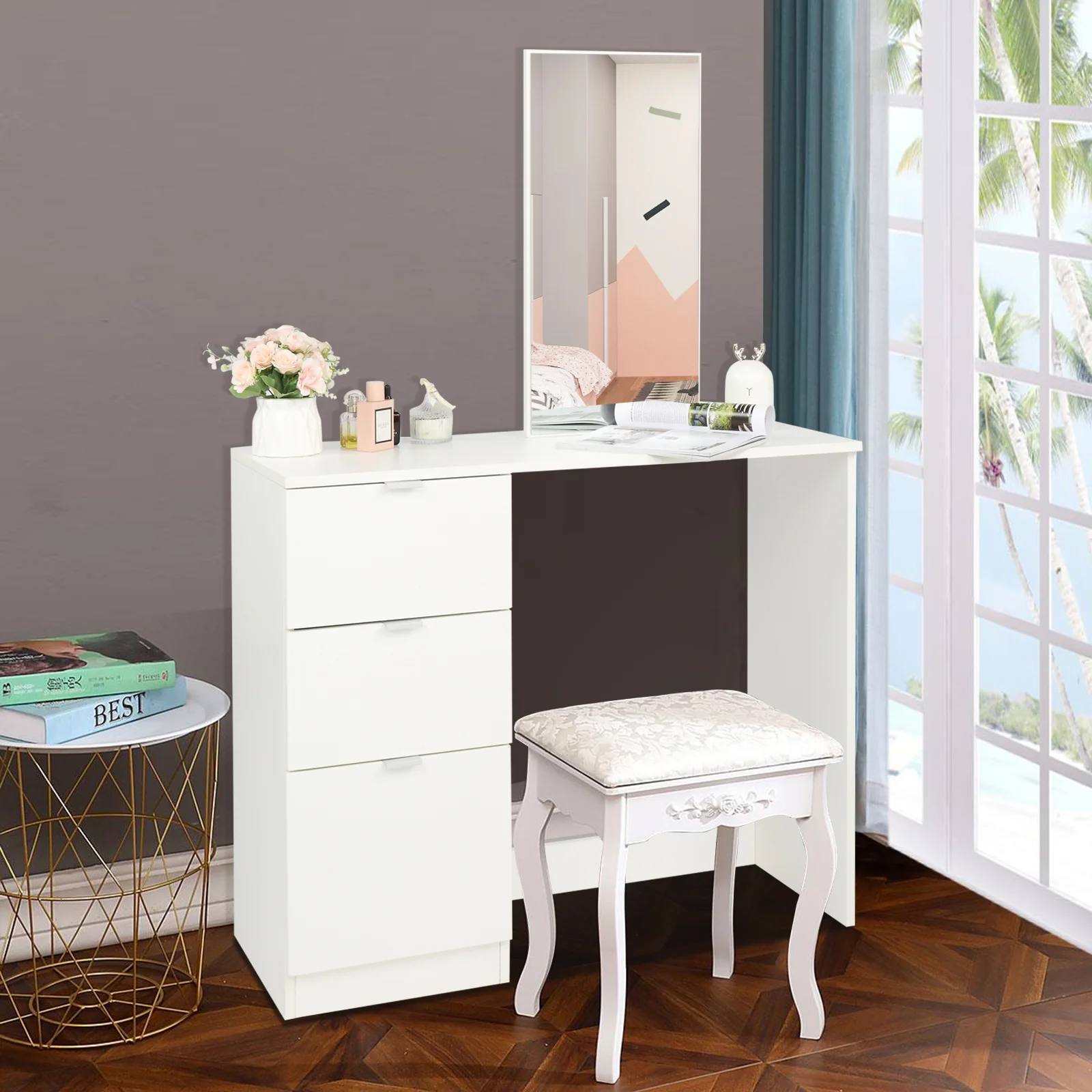Ktaxon Vanity Set with 3 Color Lighted Mirror, Makeup Table with 6 Drawers, Dressing Table Makeup Desk with Stool,White