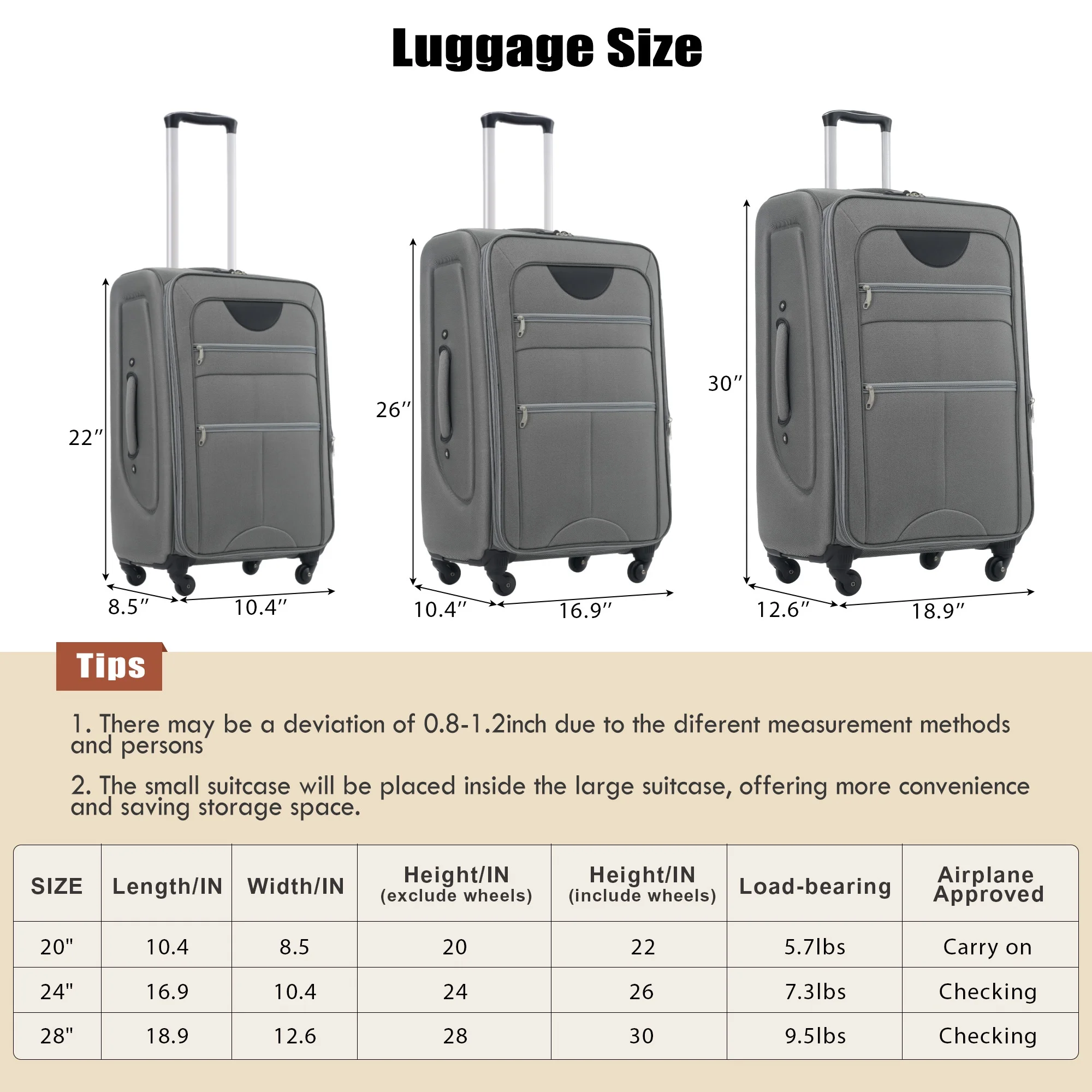 PAPROOS 3 PCS Luggage Set with Duffel Bag, Lightweight Carry on Softside Suitcases Set, 20in 24in 28in Expandable Suitcase with Spinner Wheel and TSA Lock, Softshell Luggage Travel Set, Gray