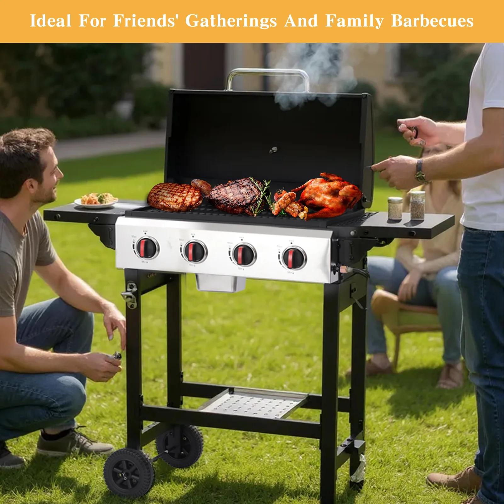 4 Burner Propane Gas Grill, 42,000 BTU Output Outdoor BBQ Grill with Cast Iron Grates and Versatile Mini Grill Pan, Perfect for Outdoor Cooking, Balcony, Backyard, Camping, Barbecue