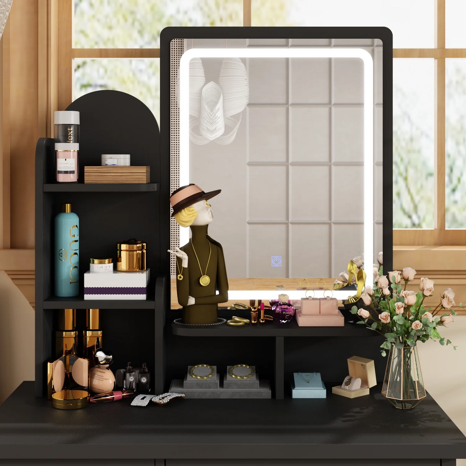 MONSLIPA Makeup Vanity Desk Set w/ Light, Sturdy Dressing Vanity Table with Bench, Shelves & Drawers