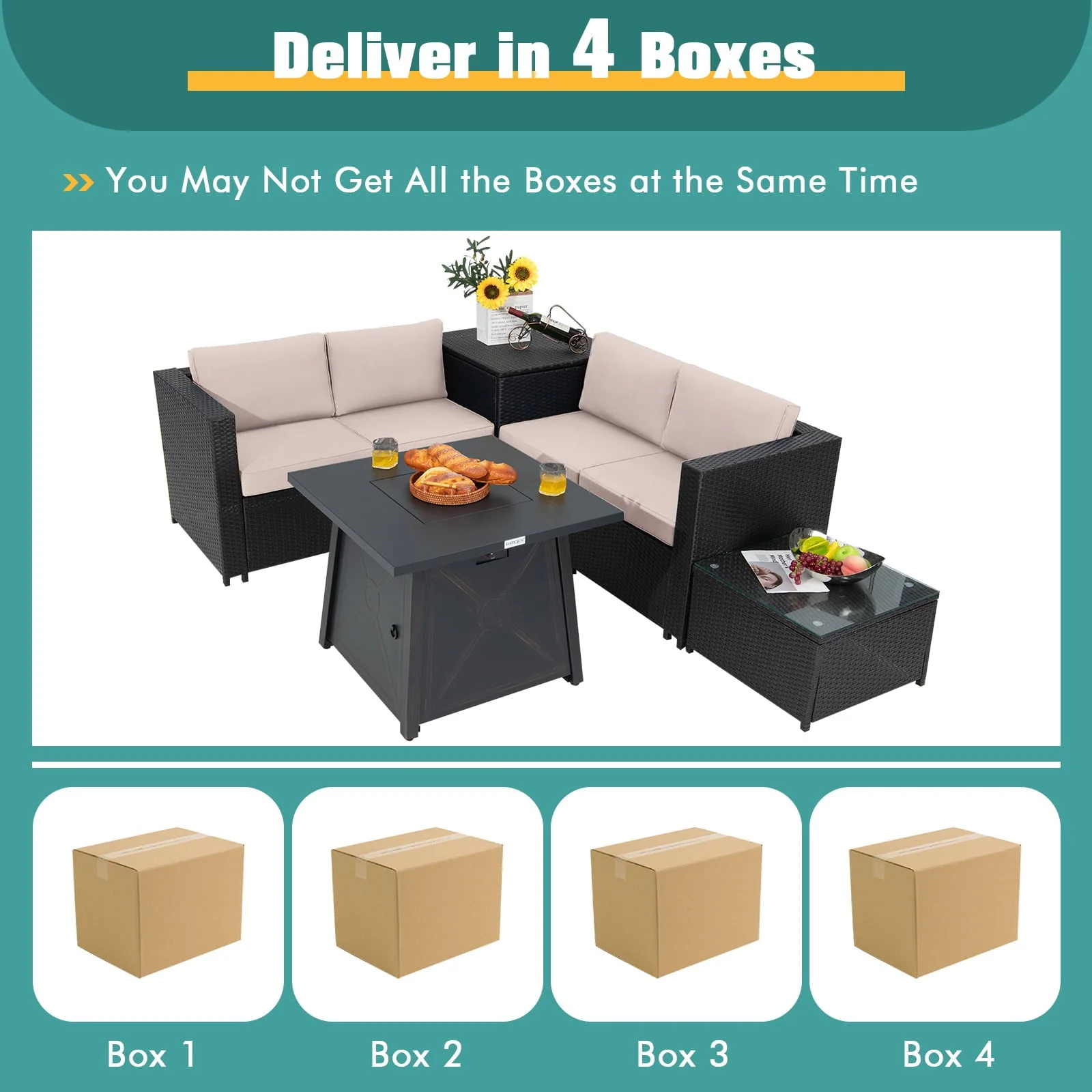 Topbuy 5-Piece Outdoor Patio Furniture Set with 50,000 BTU Propane Fire Pit Table Patio PE Wicker Conversation Set with Cushions Storage Box and Tempered Glass Coffee Table Beige