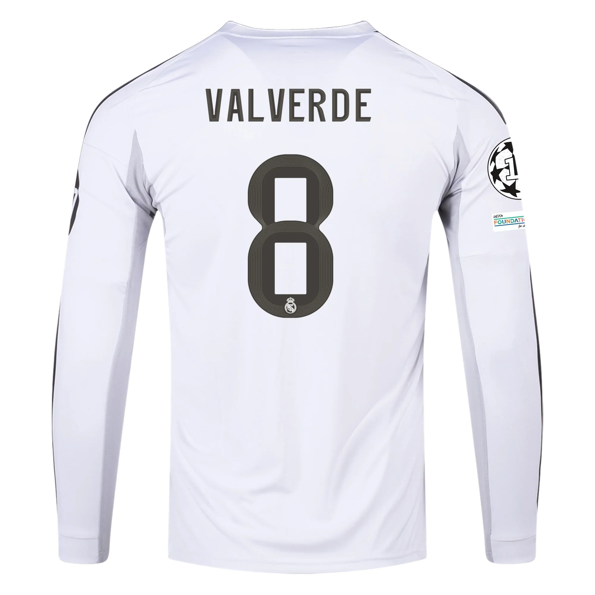 adidas Real Madrid Federico Valverde Long Sleeve Home Jersey w/ Champions League Patches 25/26 (White)