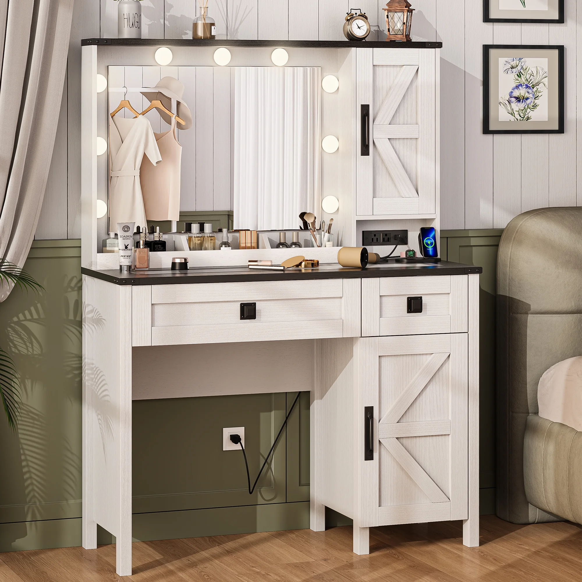 GIKPAL Makeup Vanity, Vanity Desk with Mirror & Glass Top, Farmhouse Vanity with Lights, Charging Station and Drawers, Rustic White