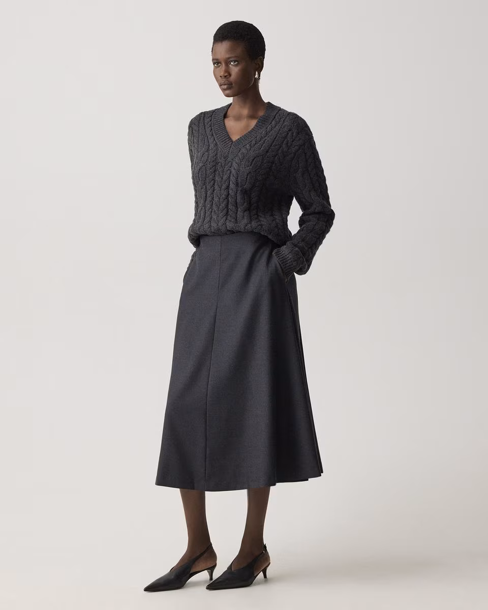 Flared Midi Skirt in Wool-Blend Flannel
