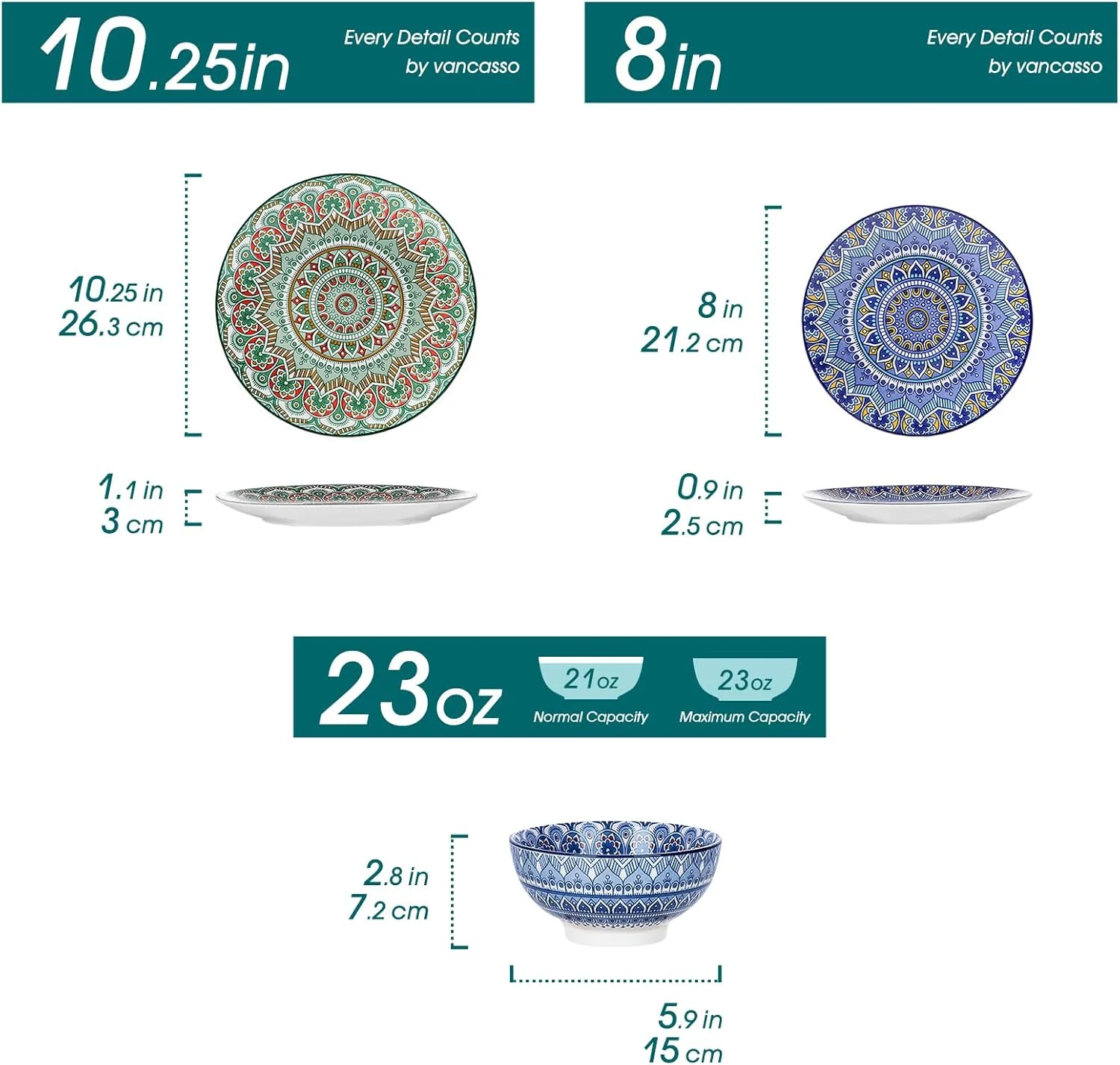 Mandala12 Pieces Dinnerware Sets, Porcelain Dinner Set for 4, Boho Plates and Bowls Set, Colorful Dish Sets