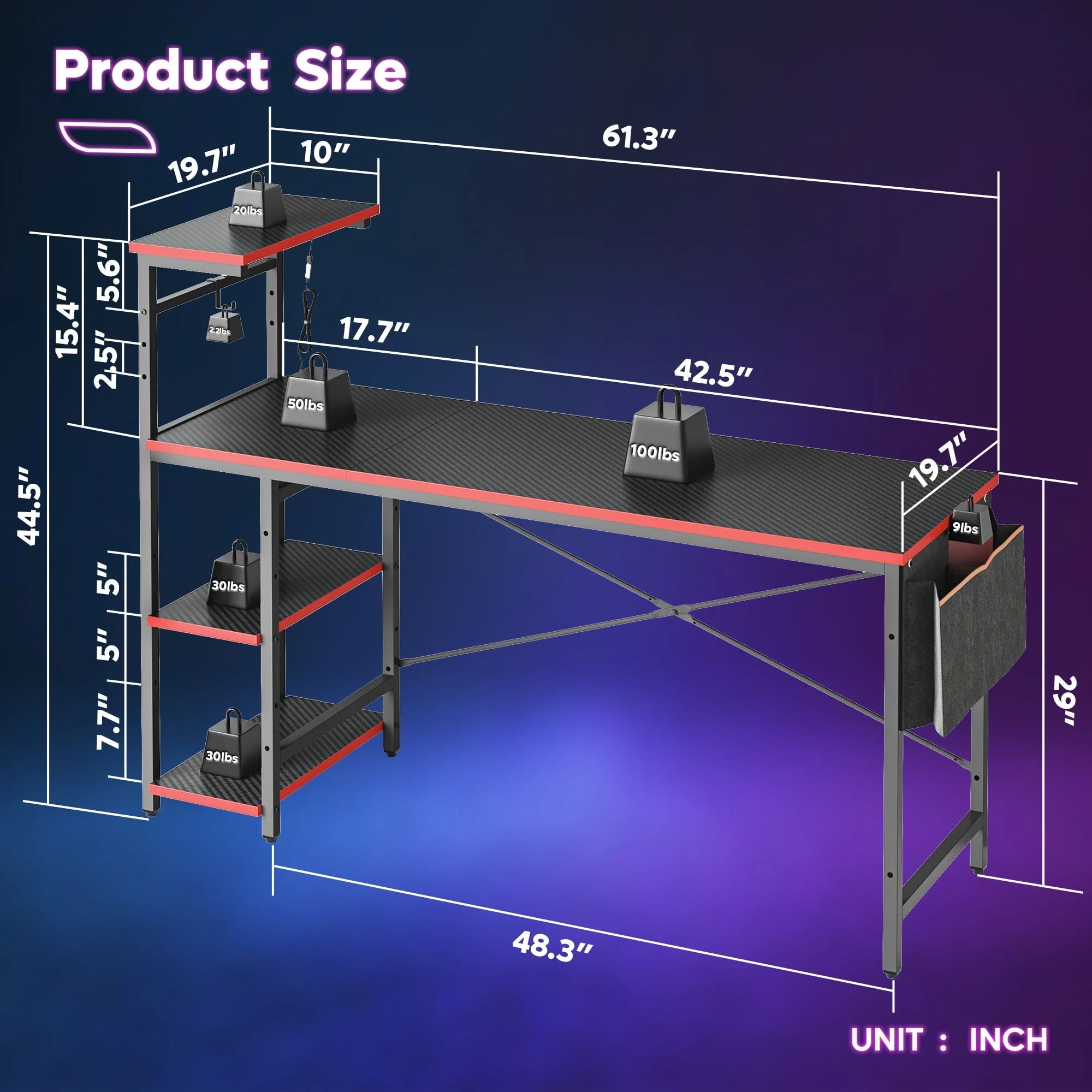Bestier Reversible 63 inch Gaming Desk Computer Desk with LED Lights 4 Tier Shelves Carbon Fiber