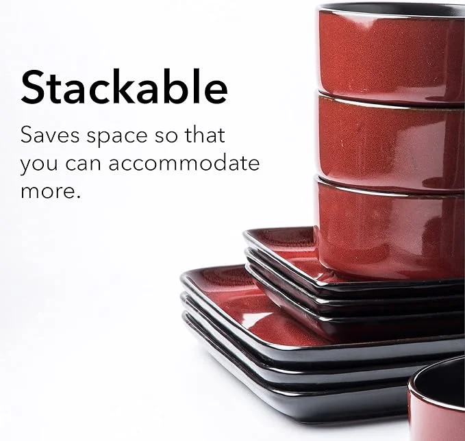 Square Stoneware 16pc Dinnerware Set for 4, Dinner Plates, Side Plates, Cereal Bowls, Mugs - Reactive Glaze Red