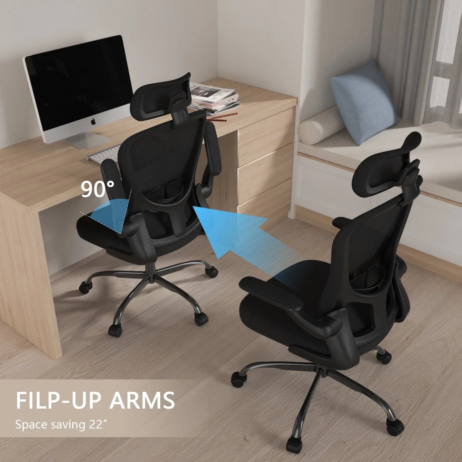 Lioncin Office Chair, High Back Ergonomic Desk Chair, Breathable Mesh Desk Chair with Adjustable Lumbar Support and Headrest, Swivel Task Chair with Flip-up Armrests,Black