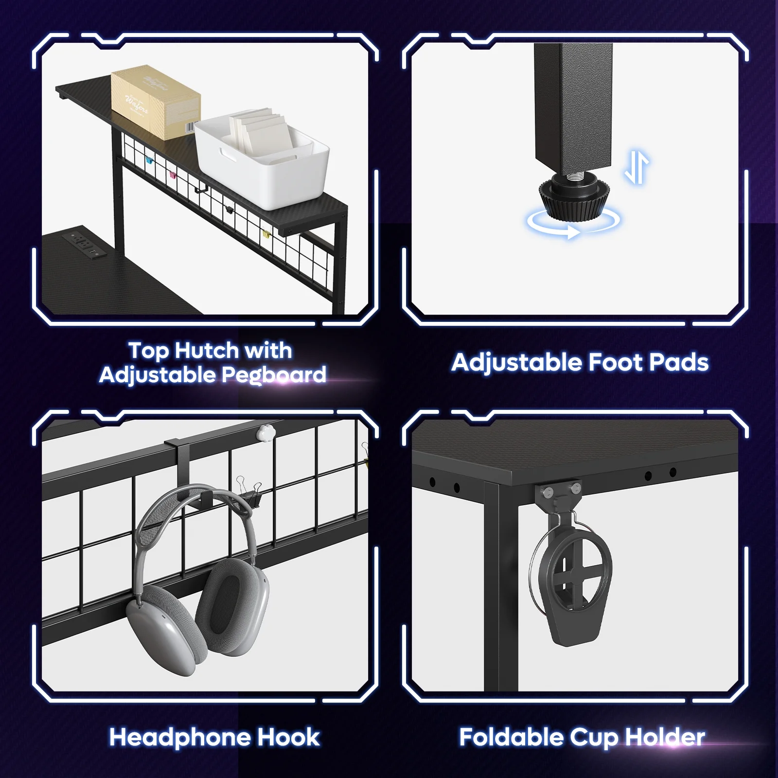 Bestier 51 L Shaped Gaming Desk with Power Outlets & LED Light, Computer Desk with 4 Tiers Shelves for Home Office, Reversible Gamer Table with Hooks and Cup Holder, Carbon Fiber