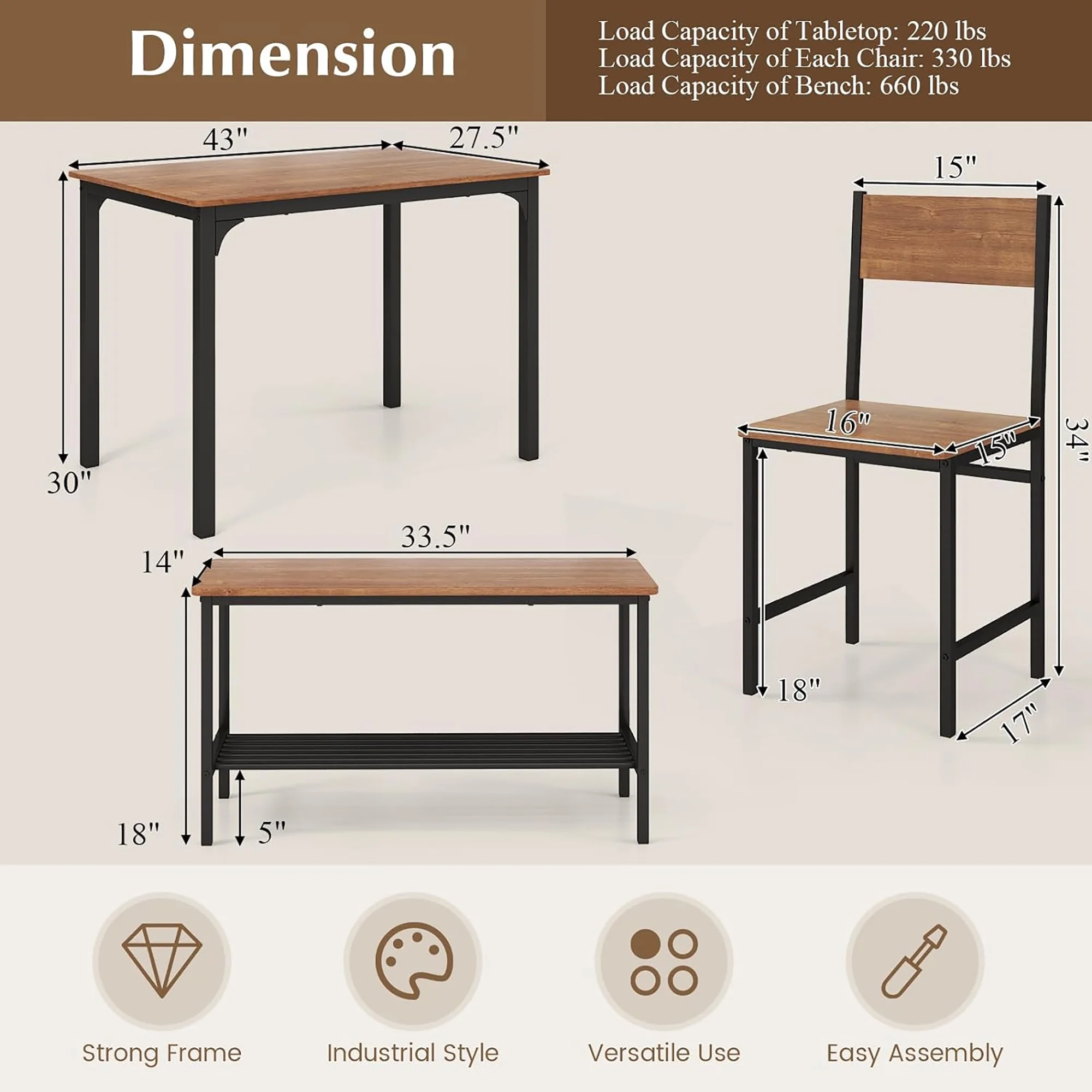Gymax 4pcs Dining Table Set Rustic Desk 2 Chairs & Bench w/ Storage Rack Grey