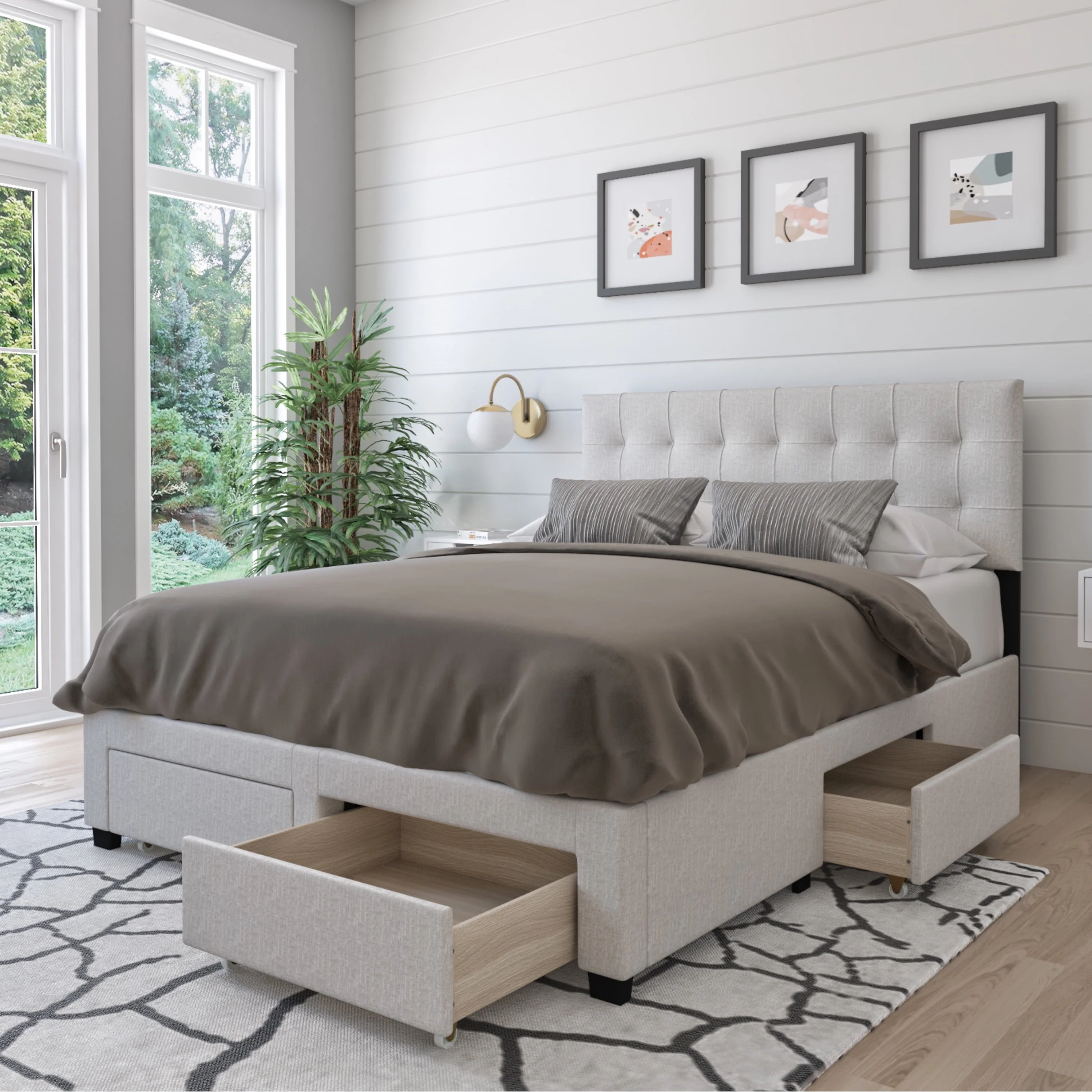 DG Casa Benjamin Upholstered Platform Bed Frame with Storage Drawers Square Tufted Headboard and Full Wooden Slats, Box Spring Not Required - Queen Size in Grey Polyester Blend Fabric