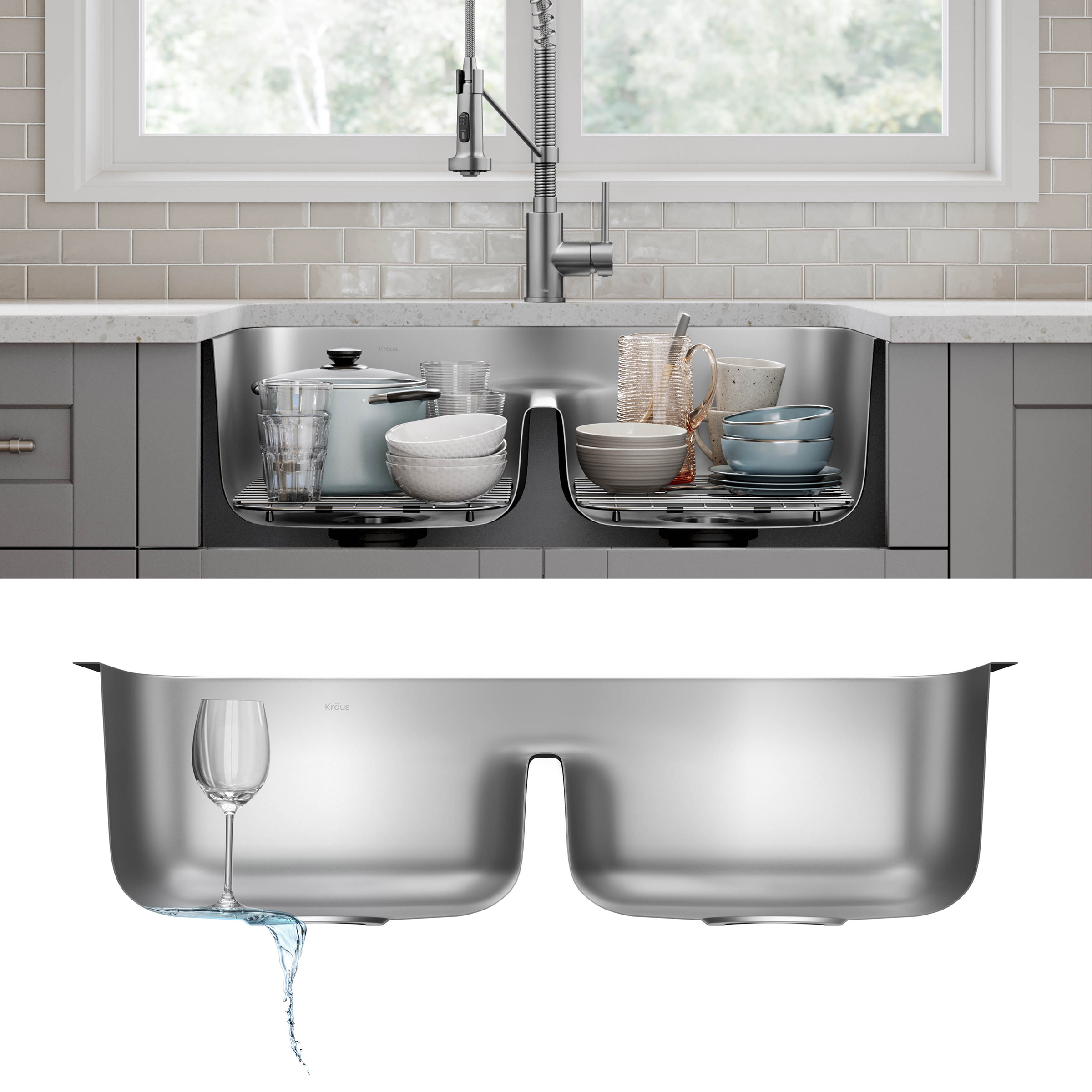 KRAUS 32' Undermount Double Bowl Kitchen Sink with 18' Commercial Kitchen Faucet