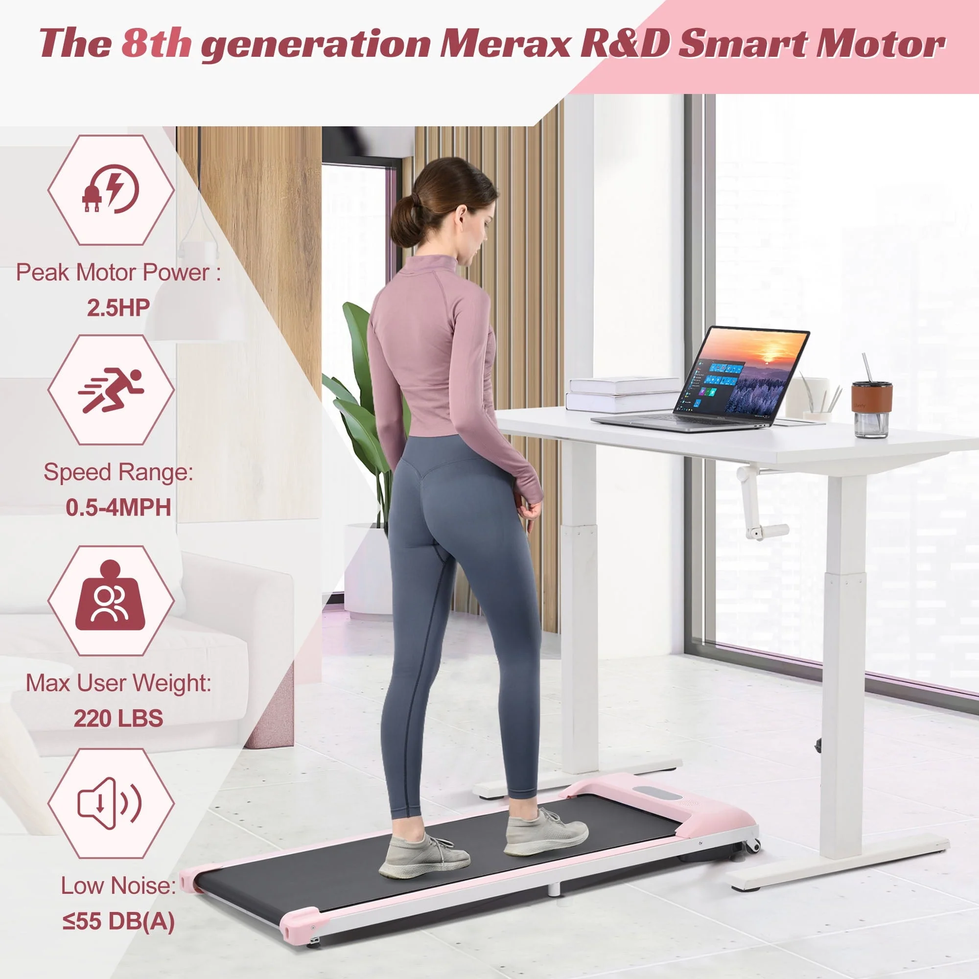 Merax Under Desk Treadmill 2.5HP Portable Walking Pad Desk Treadmill with Walkstation Remote Control, Walking Jogging Running Machine, LED Display for Home Gym Office,Pink