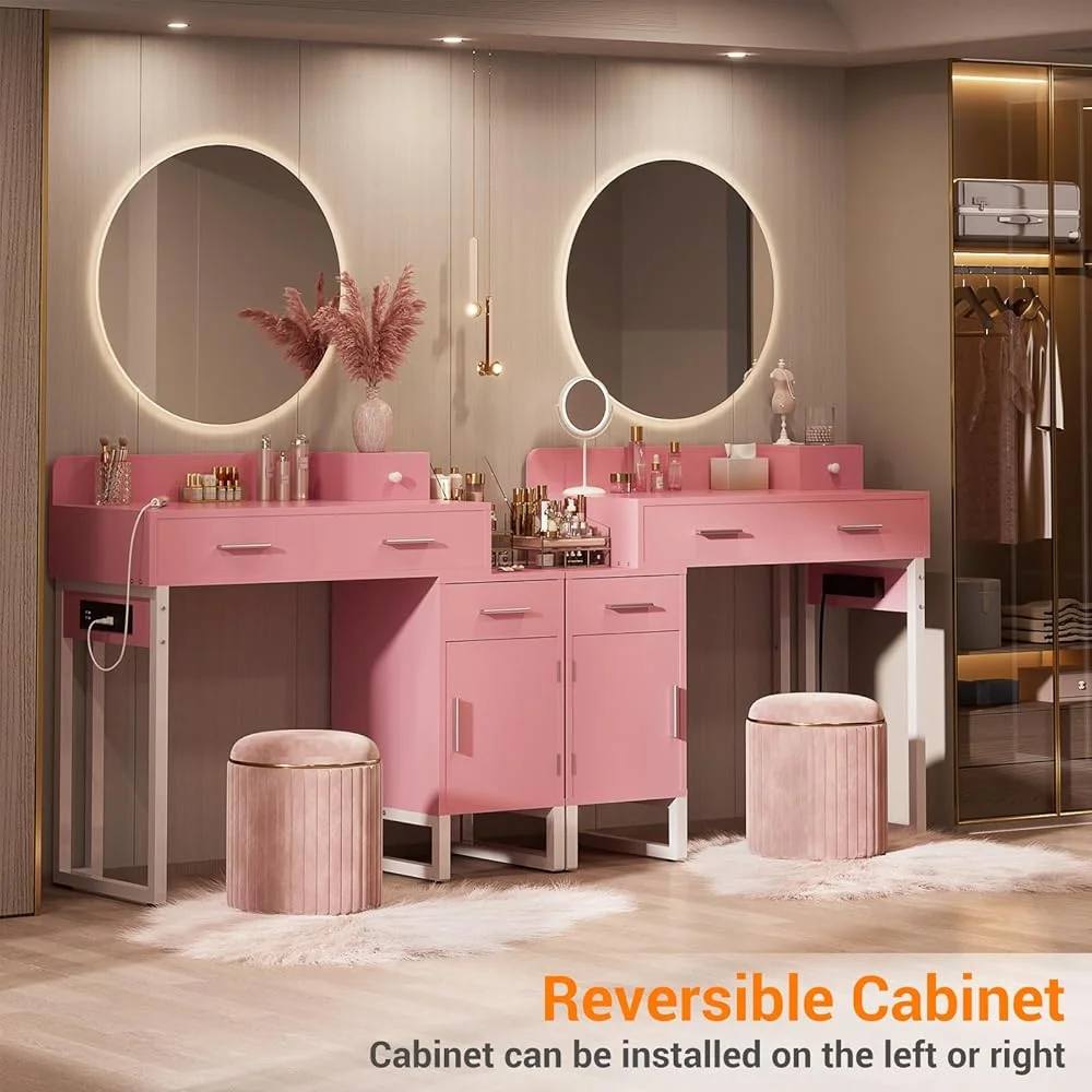 Vanity Desk With 4 Drawers and Cabinet, Makeup Vanity Table With Charge Station Socket, Small Space Makeup Bedside Cupboard, Gift for Her Choice, Suit for Apartment/Dorm/Bedroom, Cute Pink