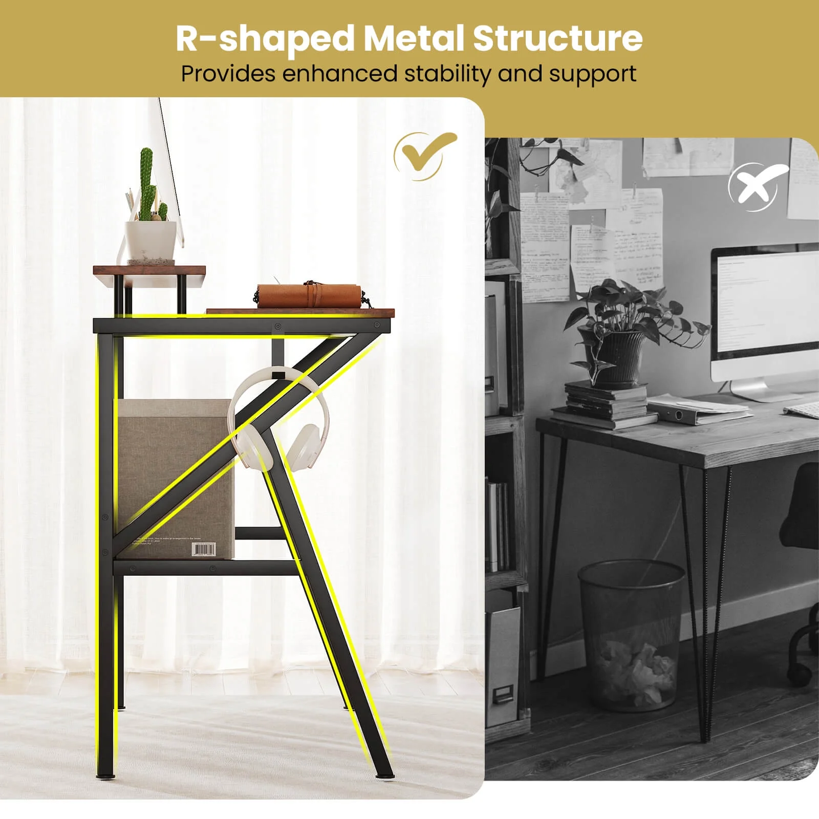 Costway Home Office Desk with Monitor Stand, Open Shelf & Metal Frame, Earphone Hook White