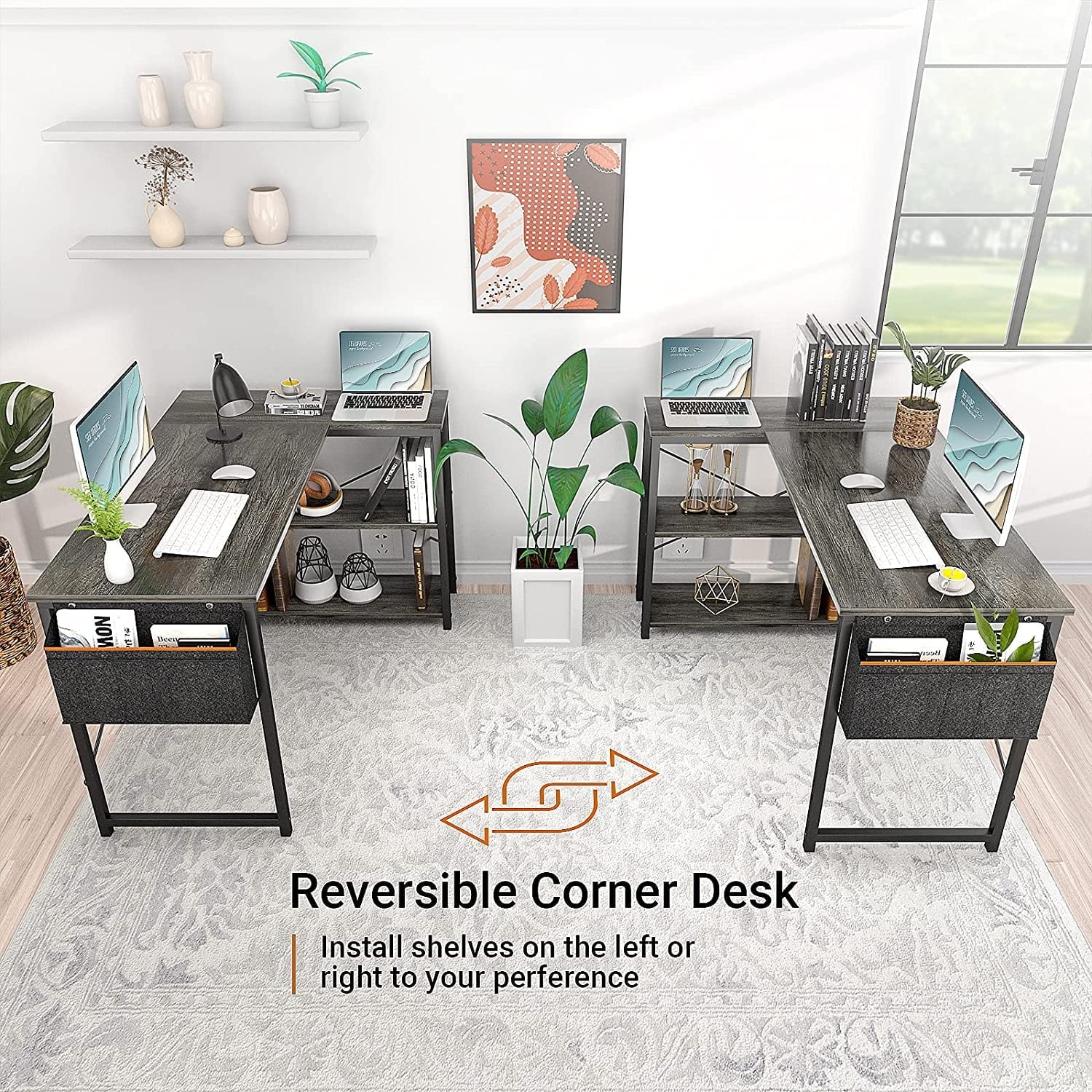 Homieasy L Shaped Desk, 47 Inch Reversible Computer Desk with Storage Shelves, Modern Corner Desk Gaming Desk Small Office Desk with Storage Bag for Home Office Workstation, Black Oak
