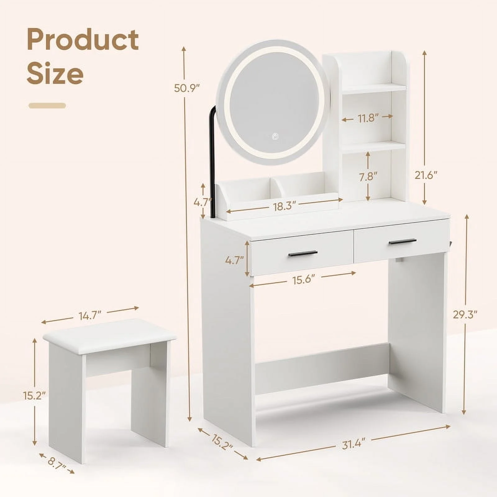 Vanity Desk with Chair, White Makeup Desk Set with Mirror & LED Lights, Vanity Table with Power Strip, 2 Drawers, 4 Shelves