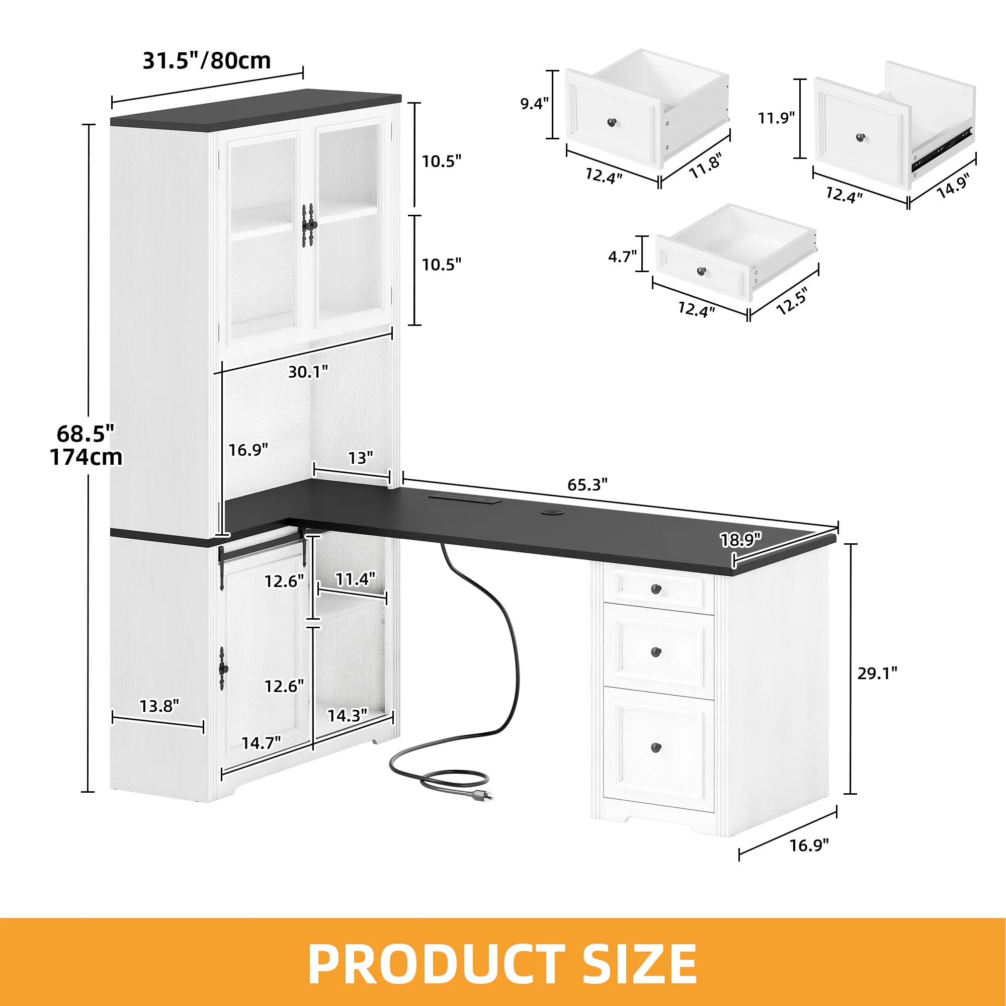 Craftian Executive Desk with Hutch, L Shape Computer Desk, Wood Office Desk with Storage Cabinet, White