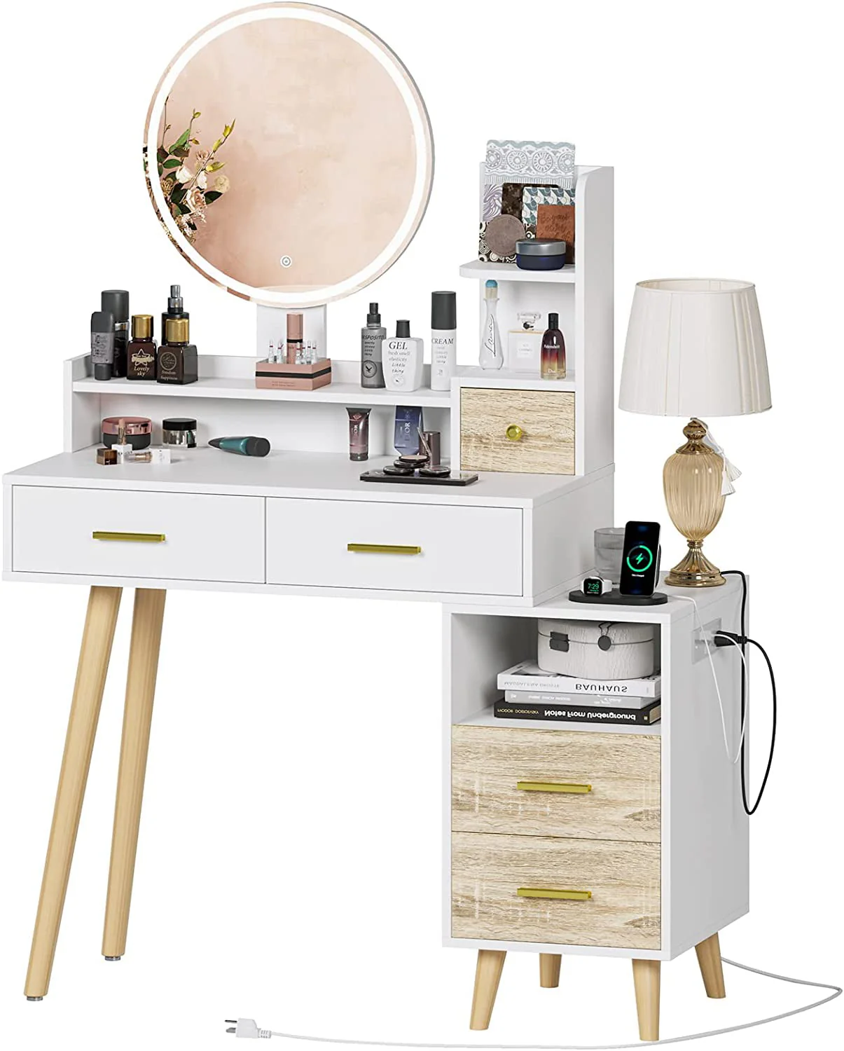 Tiptiper Vanity Mirror with Lights and Table Set, Makeup Vanity with 3 Color Lighting Modes and Charging Station, Vanity Desk with Nightstand and Open Shelves