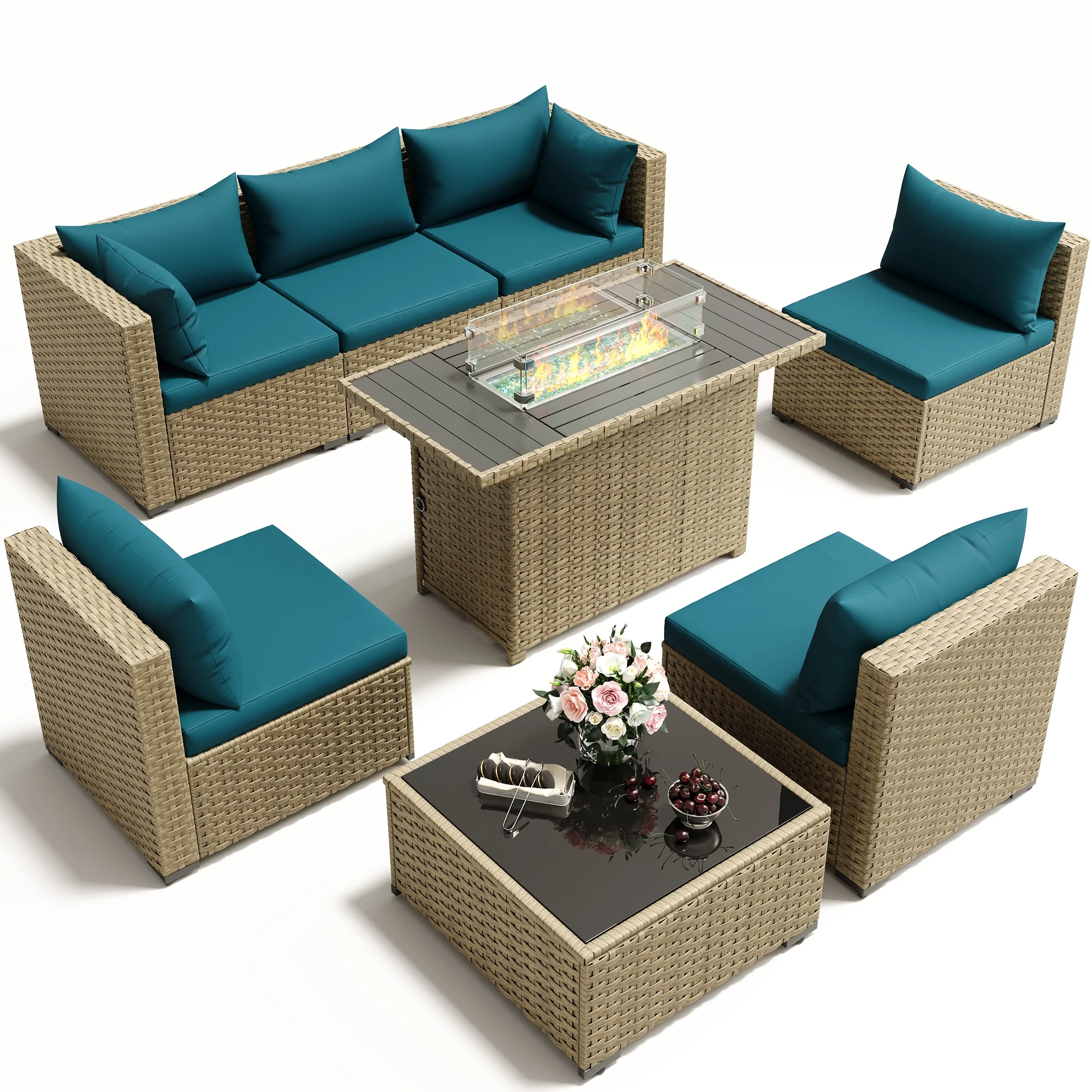 POTEBAN 7 Pieces Outdoor Patio Furniture Set, Grey Rattan Wicker Outdoor Conversation Sectional Sofa Set with Cushions for Backyard, Green