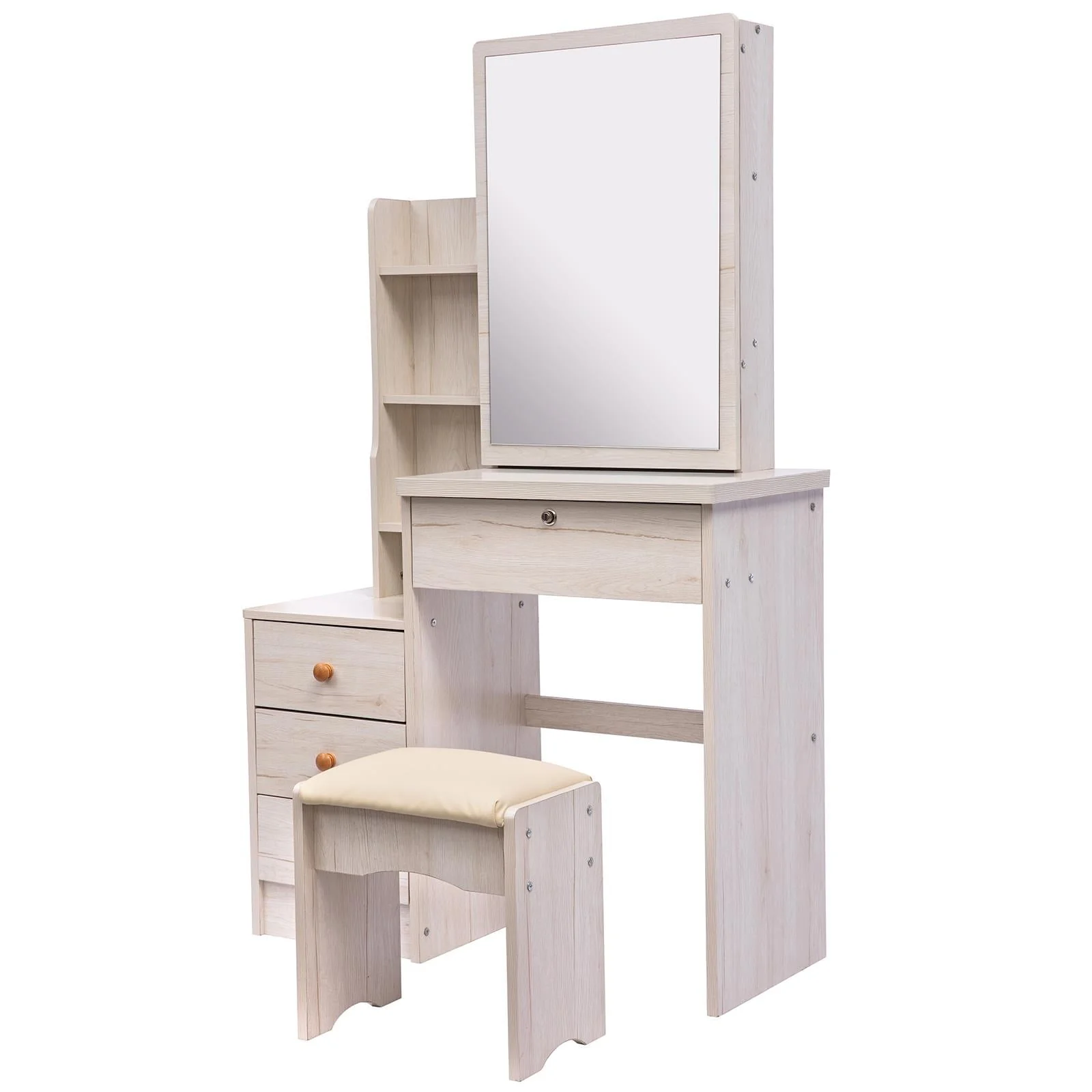 UBesGoo Vanity Set with Sliding Mirror, Makeup Vanity Dressing Table with 4 Drawers, Shelves, Dresser Desk and Cushioned Stool Set (White Oak Color)