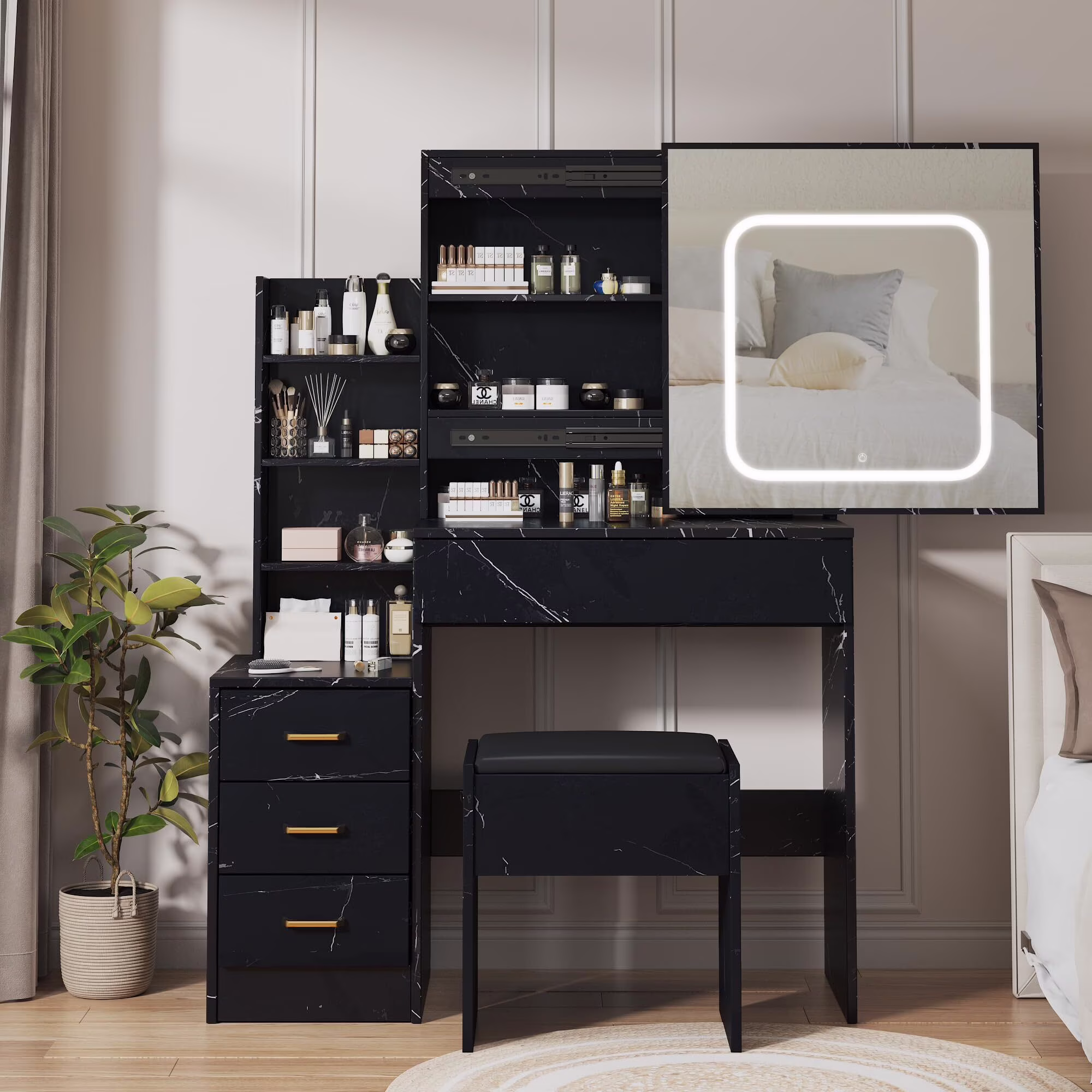 Vanity Desk with Sliding Mirror & Lights, Makeup Vanity Set with Charging Station 4 Drawers 7 Shelves, Large Vanity Set with Cushioned Stool for Bedroom, White