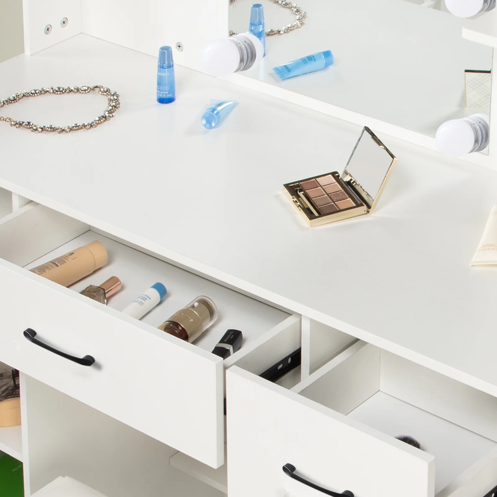 Yamissi Makeup Vanity with 3 Color Lights, Vanity Desk with Sliding Mirror, Vanity Set Makeup Table, Storage Drawers and Shelves, White