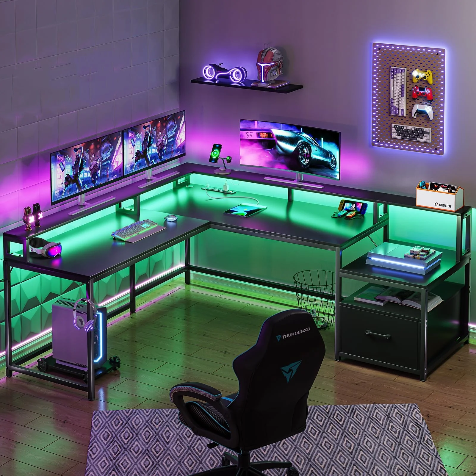 L Shaped Desk with Power Outlet and LED Lights, Corner Computer Desk with File Drawer for Home Office,  Gaming Desk,  Rustic Brown