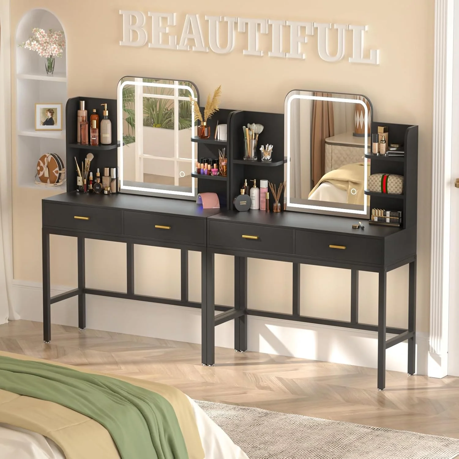 iSunirm Vanity Desk with Mirror and Lights, Makeup Vanity with 2 Drawers, Vanity Table Set with 3 Color Adjustable Lighting Options, Modern Dressing Table with Shelf, for Bedroom, Pink