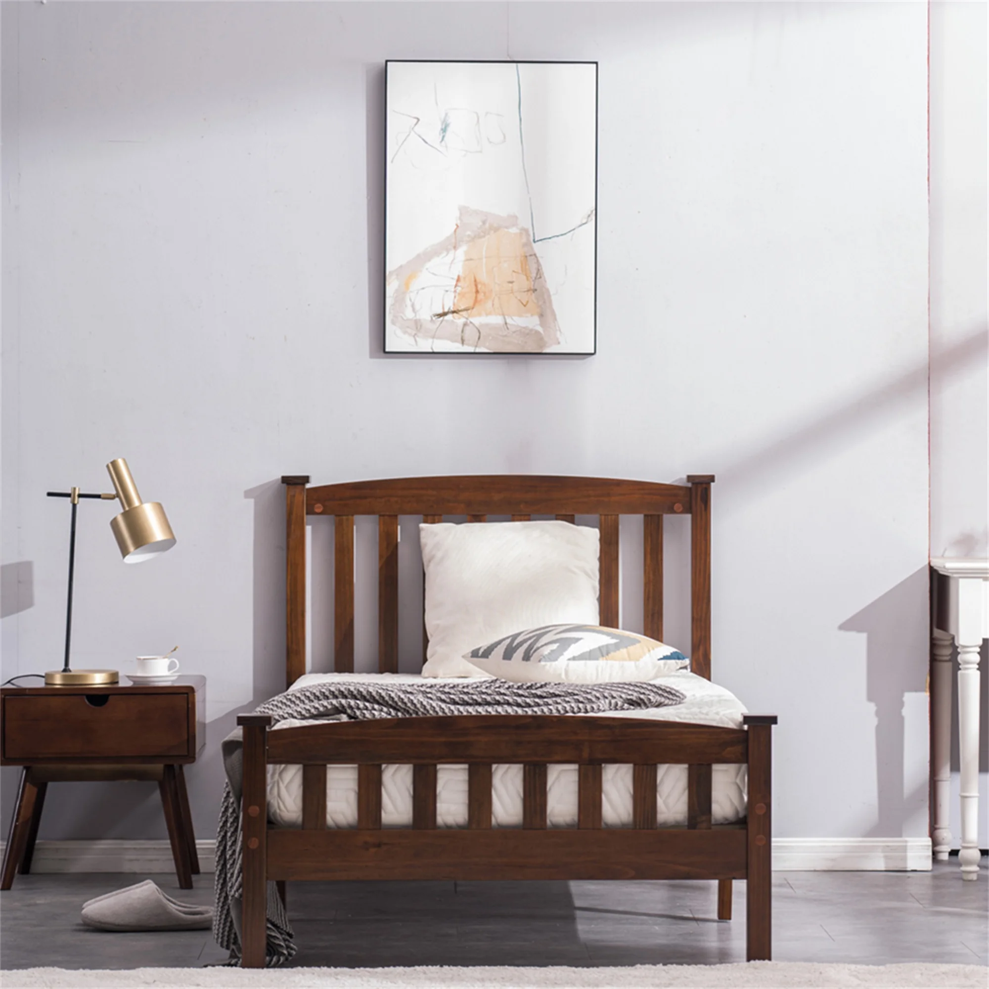 Resenkos Twin Bed Frame with Headboard, Solid Wood Platform Bed Frame with Wood Slat Support, No Box Spring Needed Panel Bed, Walnut